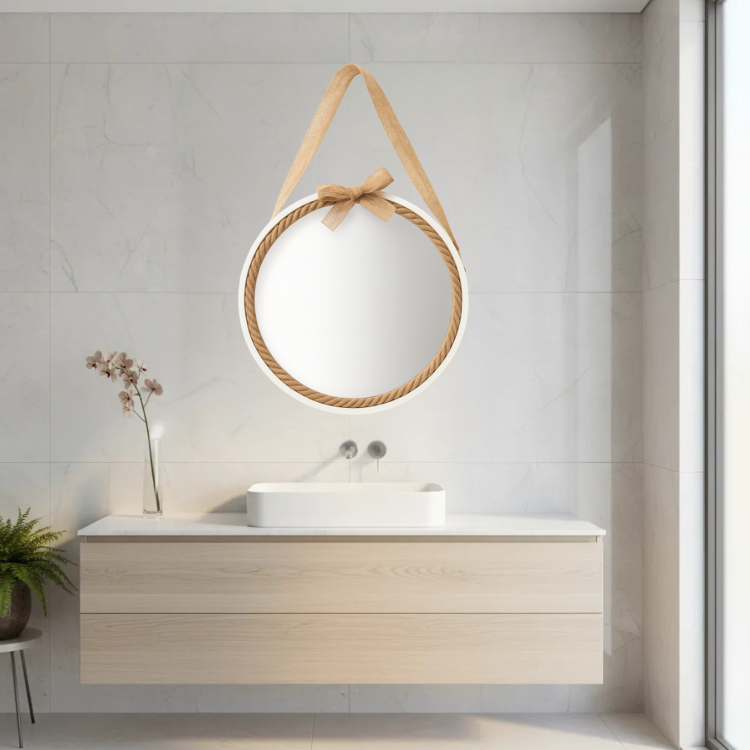 Cuadro De Madera Blanco Decorativo Con Espejo Circular G-2