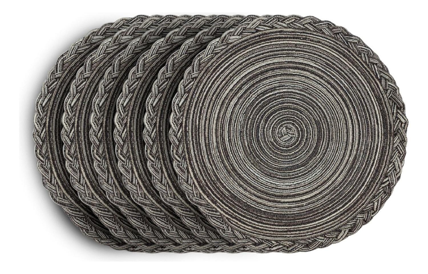 Set 6 Individuales Circulares Borde Trenzado Negro Plateado-3