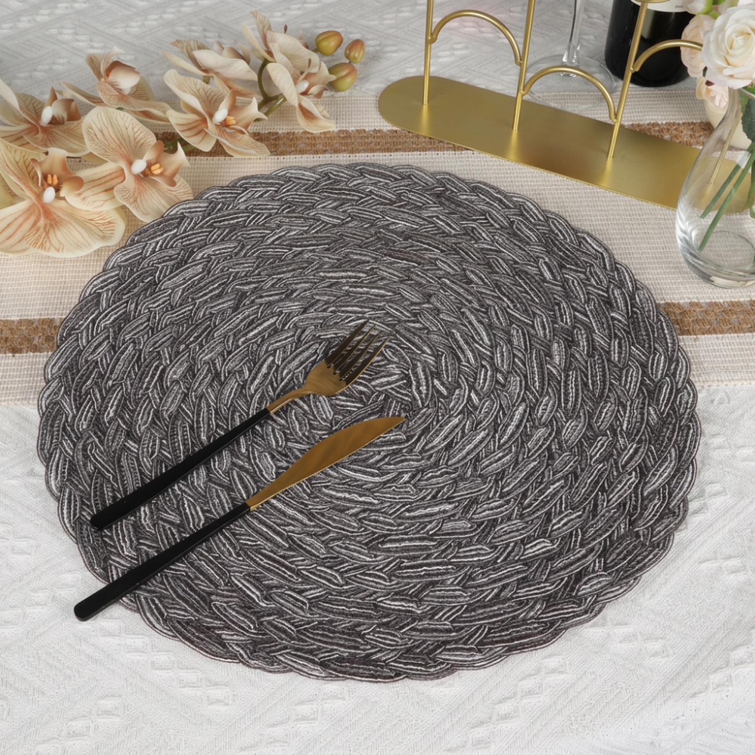 Set 6 Individuales Circulares Borde Trenzado Negro Plateado-1