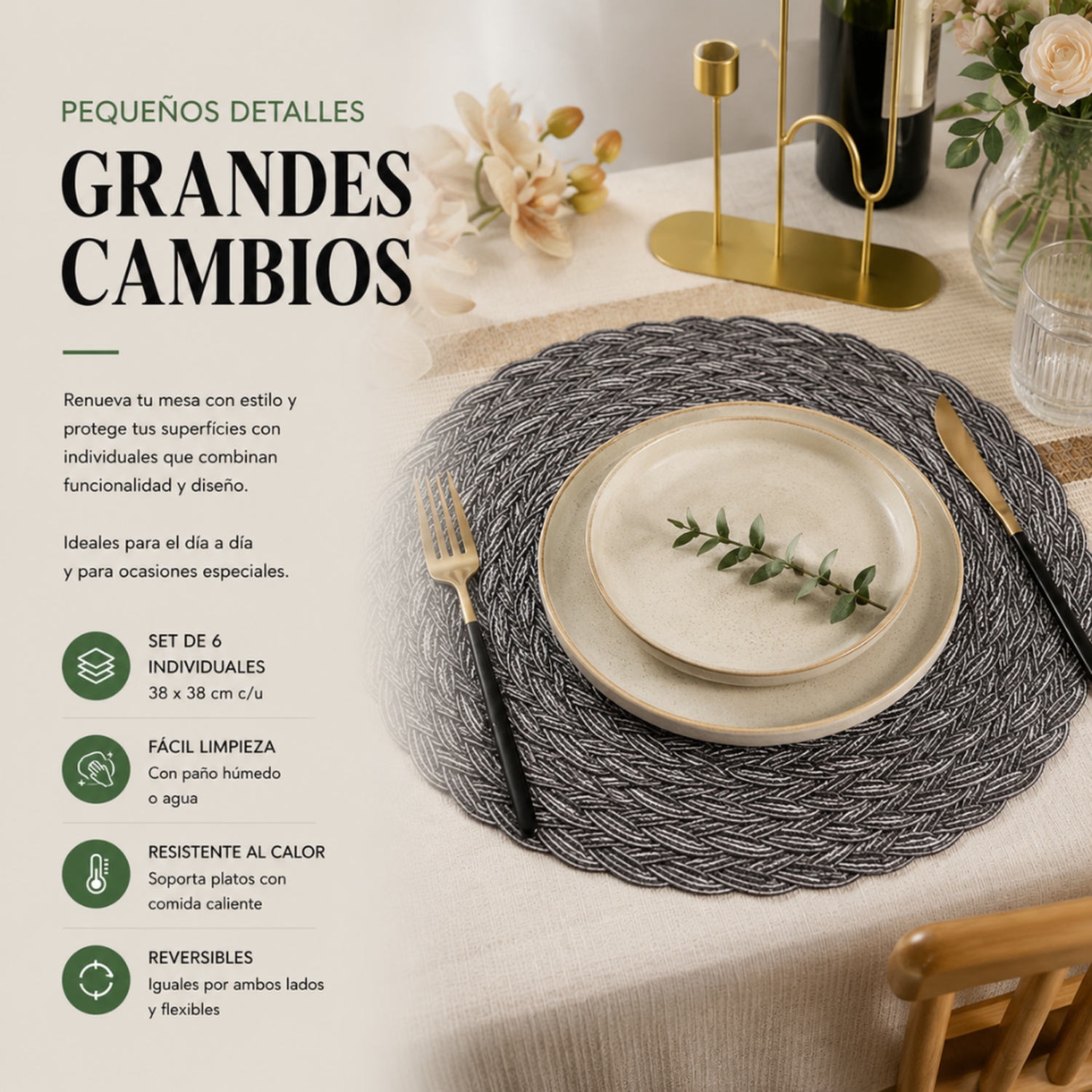 Set 6 Individuales Circulares Borde Trenzado Negro Plateado-3