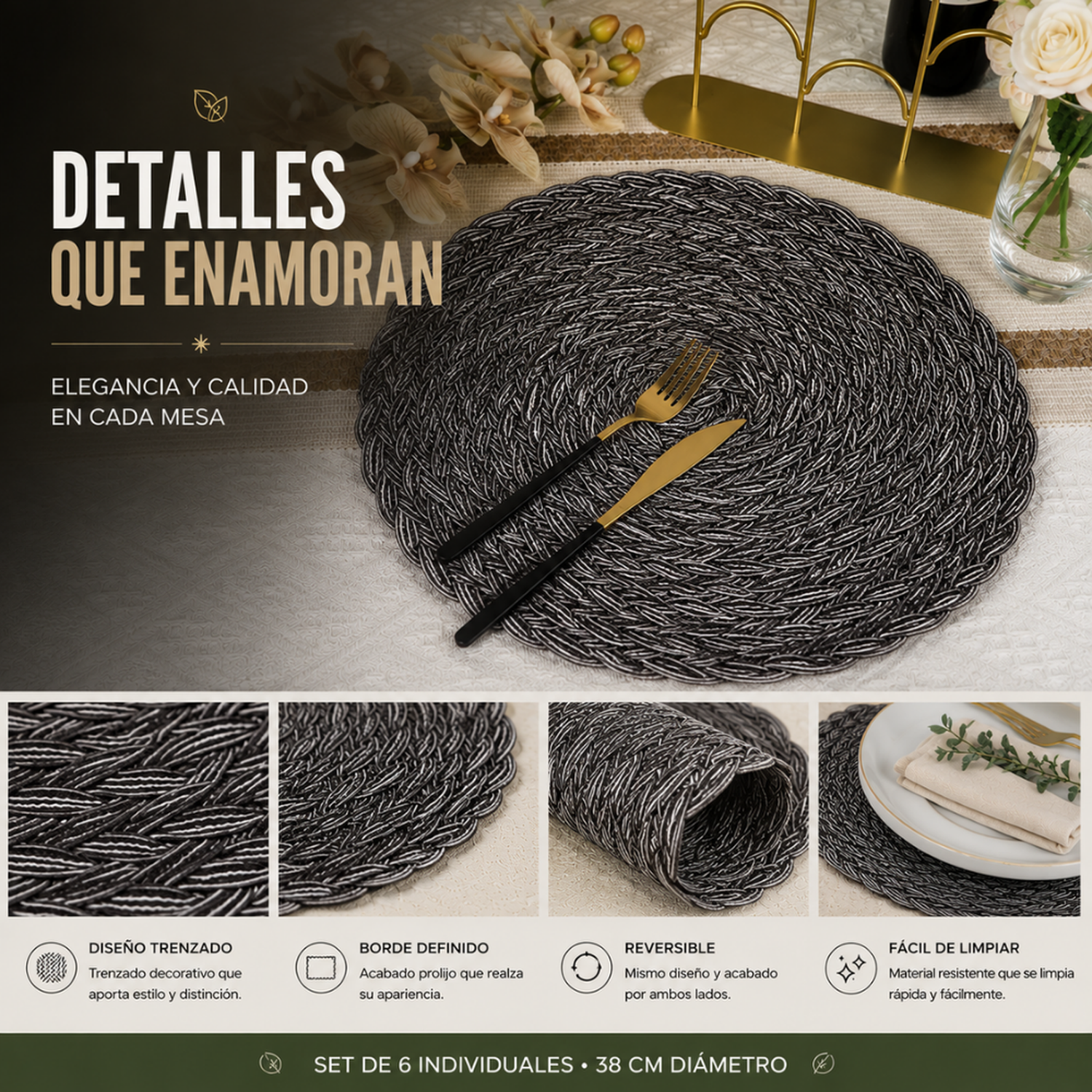 Set 6 Individuales Circulares Borde Trenzado Negro Plateado-4