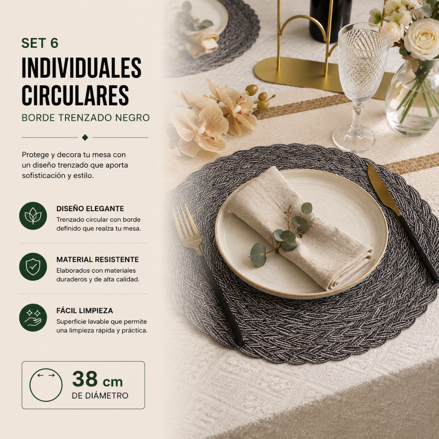 Set 6 Individuales Circulares Borde Trenzado Negro Plateado-5