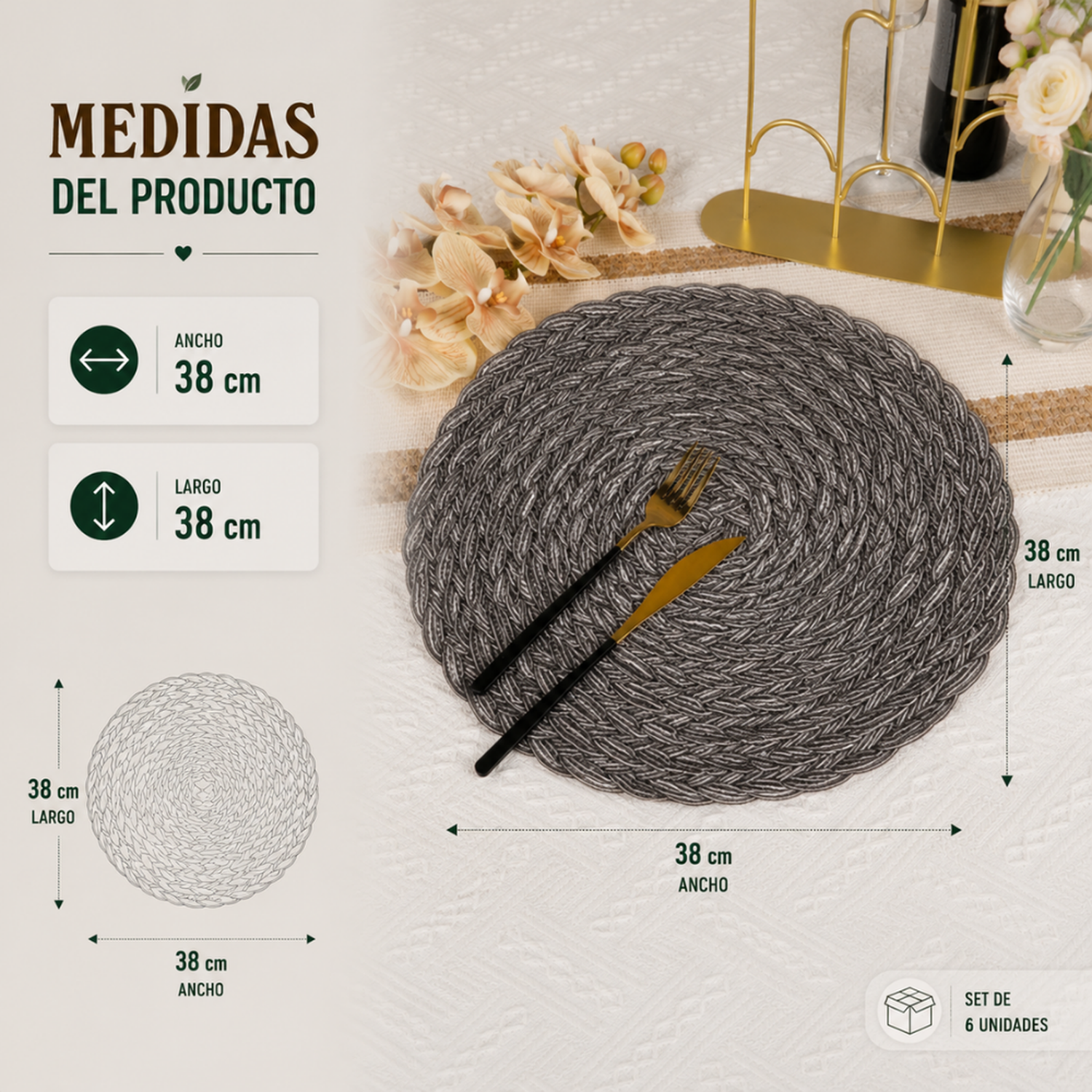 Set 6 Individuales Circulares Borde Trenzado Negro Plateado-6