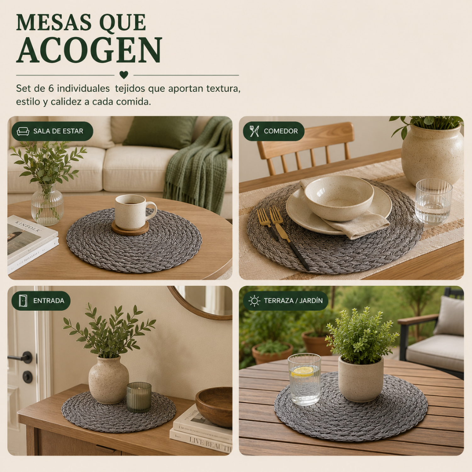 Set 6 Individuales Circulares Borde Trenzado Negro Plateado-7