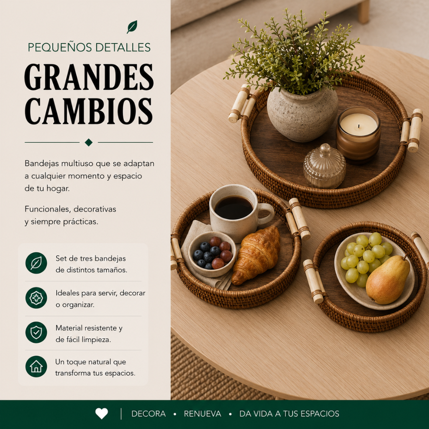 Set 3 Cestas Bandejas Decorativas Tipo Ratan Madera Hogar-3