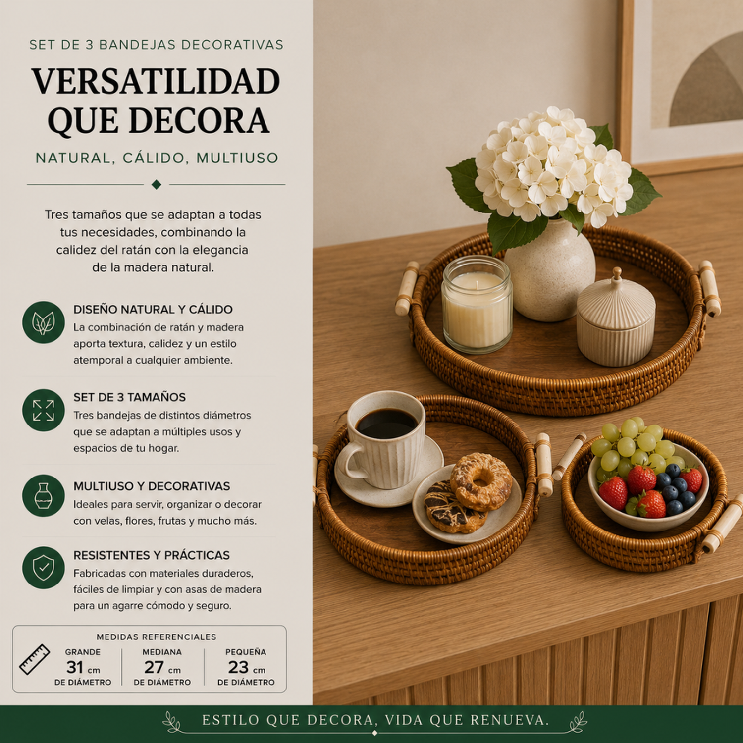 Set 3 Cestas Bandejas Decorativas Tipo Ratan Madera Hogar-4