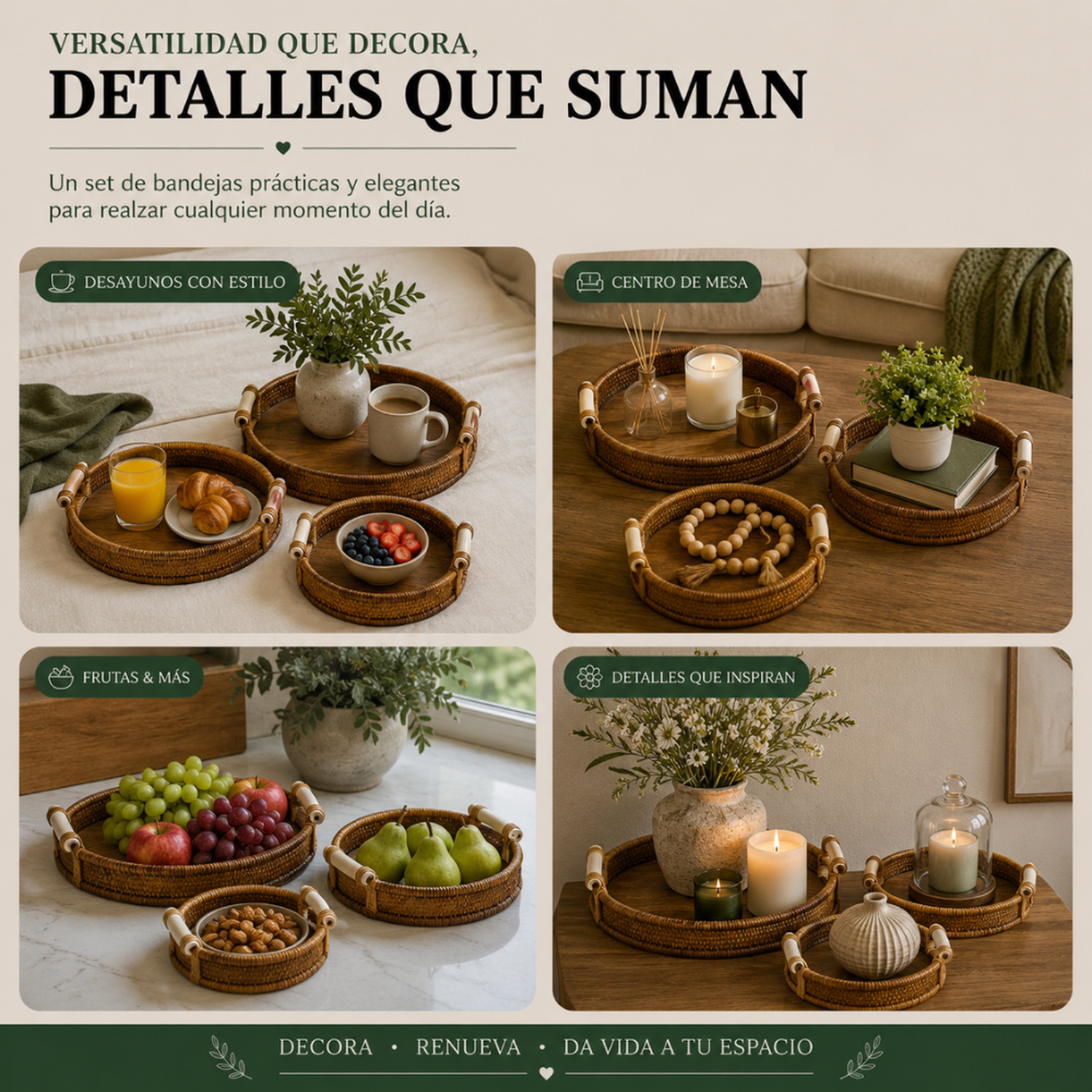 Set 3 Cestas Bandejas Decorativas Tipo Ratan Madera Hogar-5