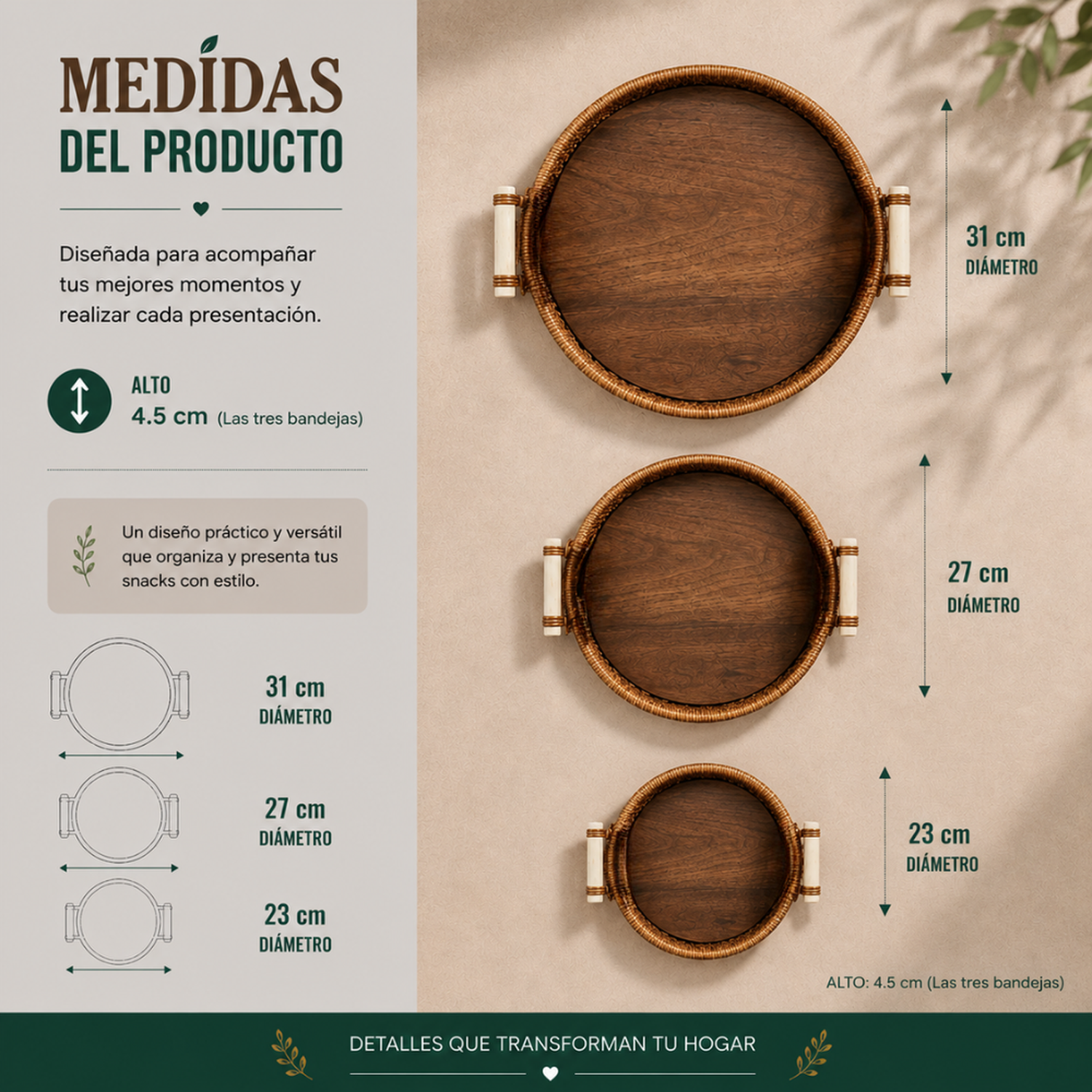 Set 3 Cestas Bandejas Decorativas Tipo Ratan Madera Hogar-6