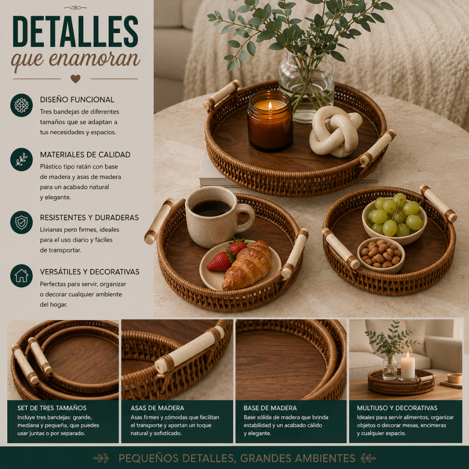 Set 3 Cestas Bandejas Decorativas Tipo Ratan Madera Hogar-7