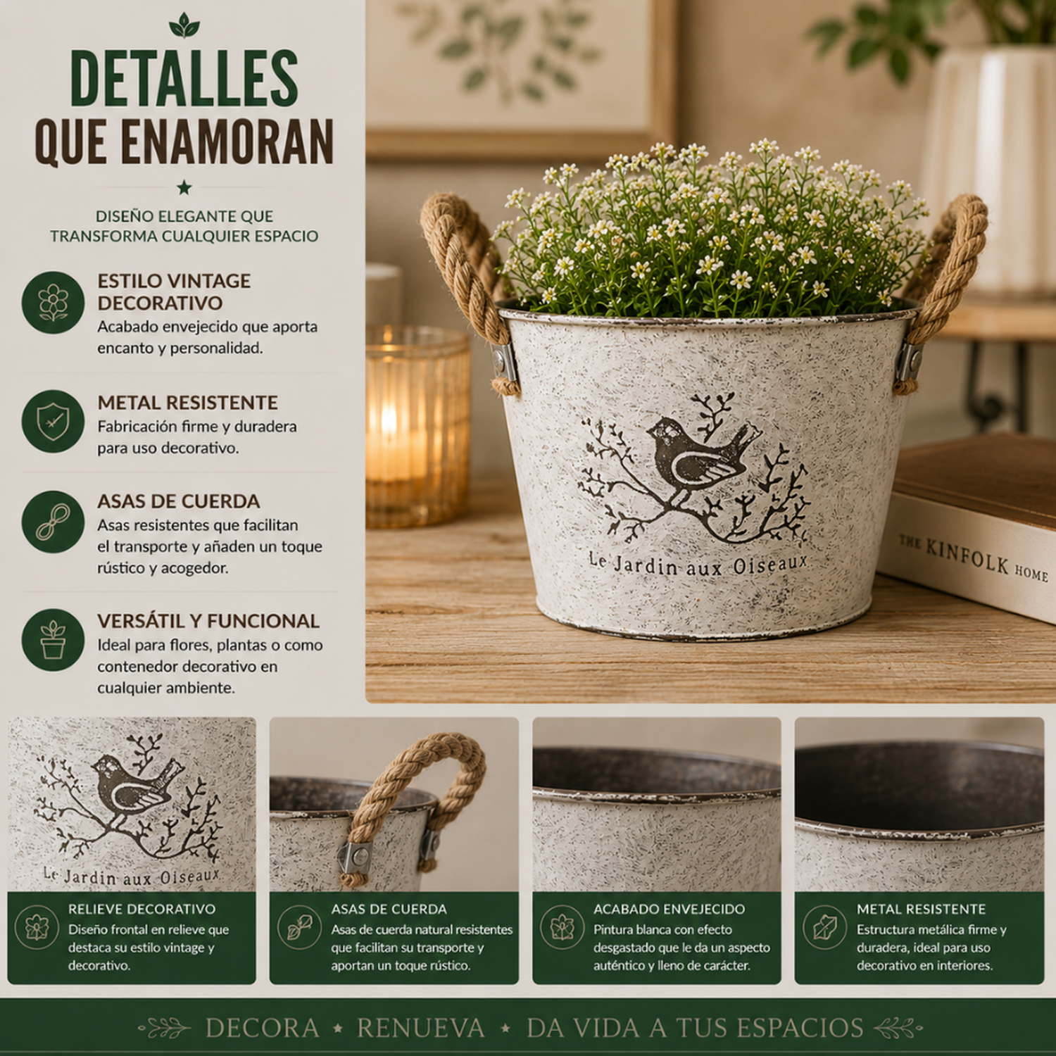 Set 2 Macetero Metalico Blanco Redondo Decorativo Con Asas-4