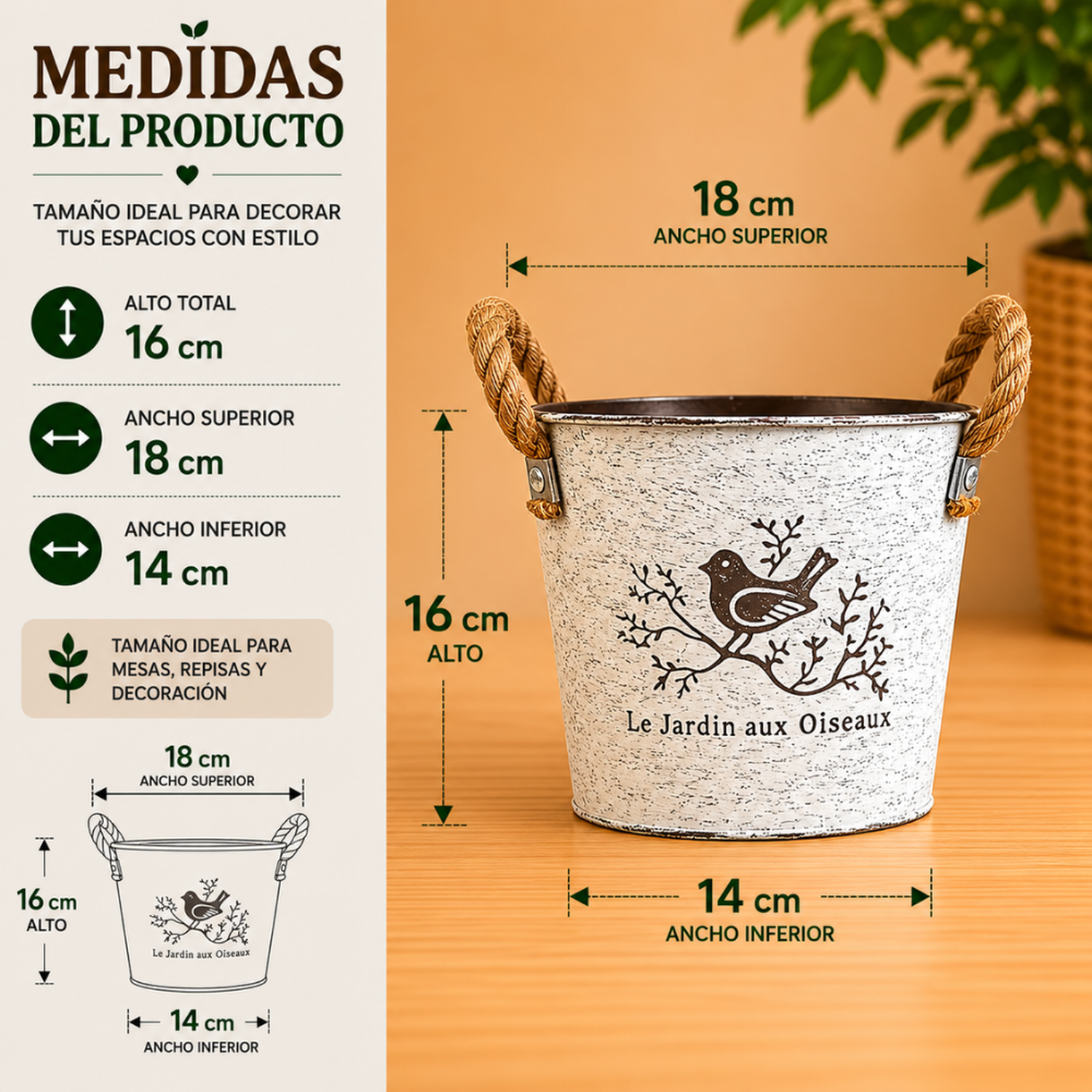 Set 2 Macetero Metalico Blanco Redondo Decorativo Con Asas-5