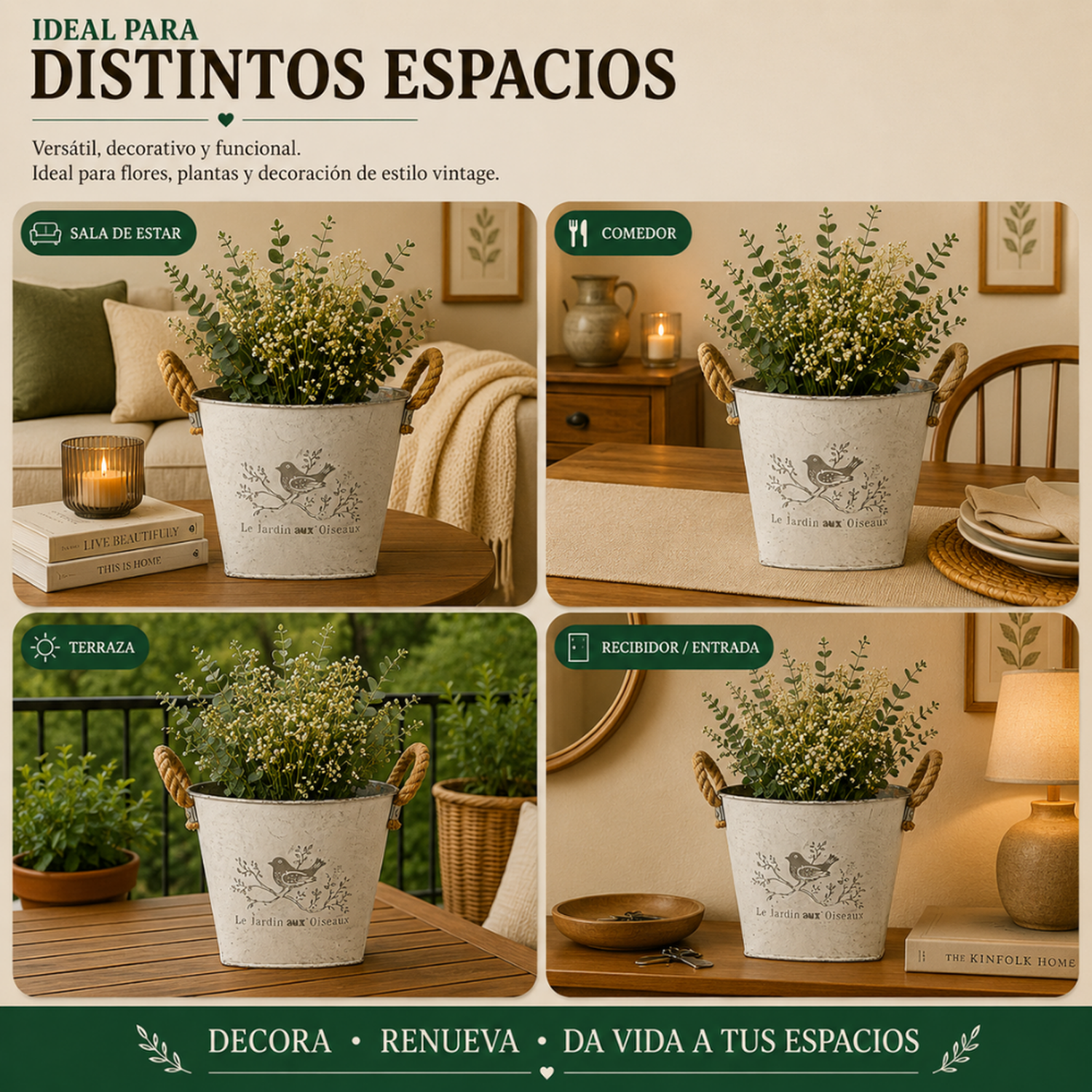Set 2 Macetero Metalico Blanco Redondo Decorativo Con Asas-6