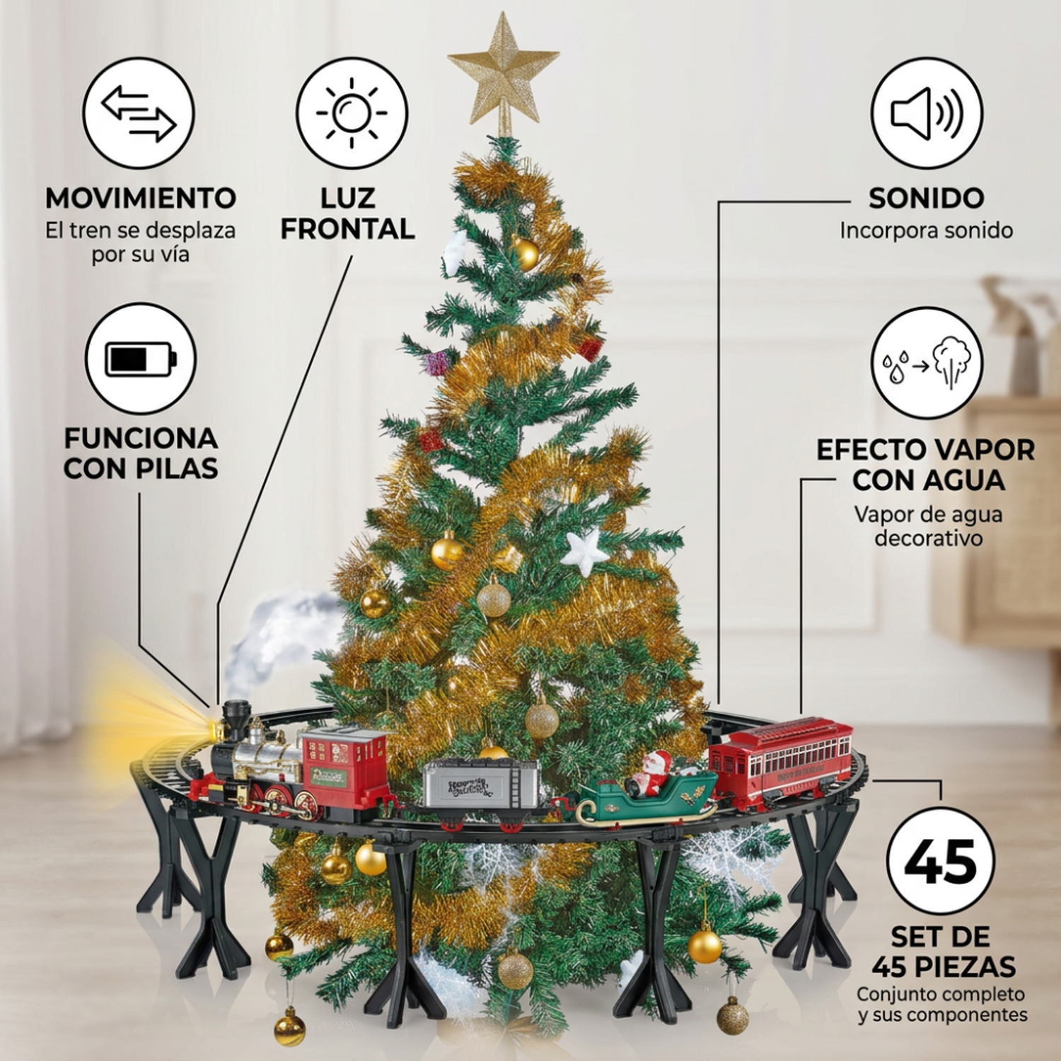 Tren Navideño Elevado Para Árbol Con Pista Y Soportes Decorativos-3