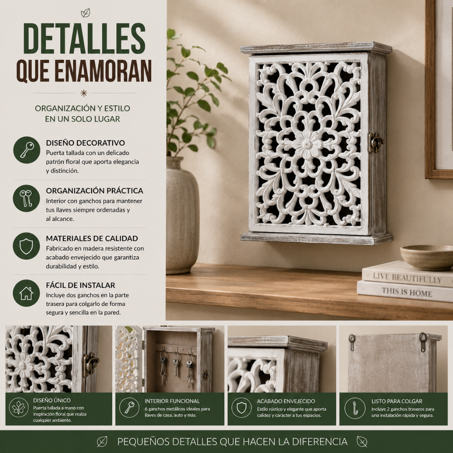 Porta Llave De Madera Diseño Mandala 6 Ganchos Para Llaves-7