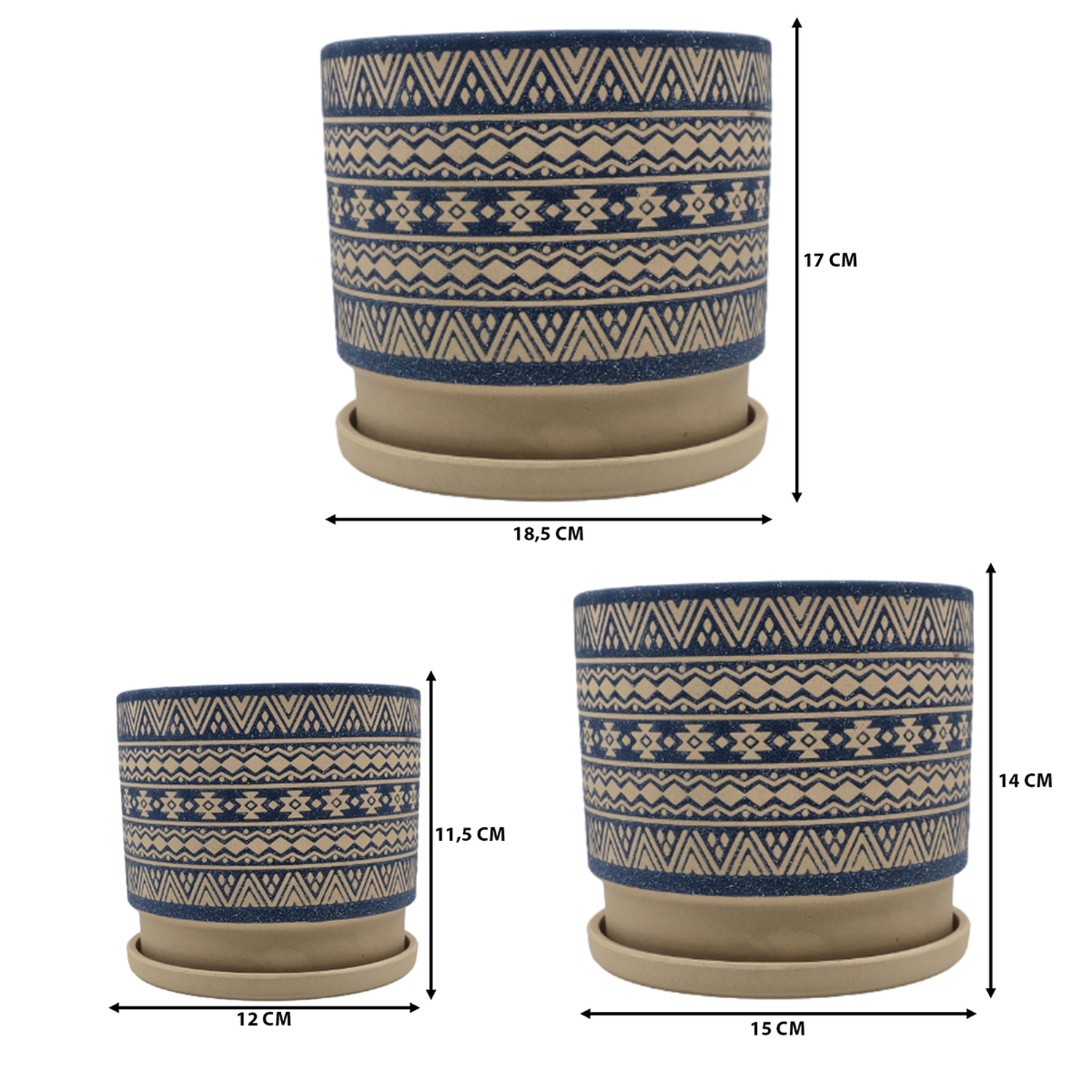 Set 3 Maceteros Maceta De Ceramica Azul Con Patrones Beige-5