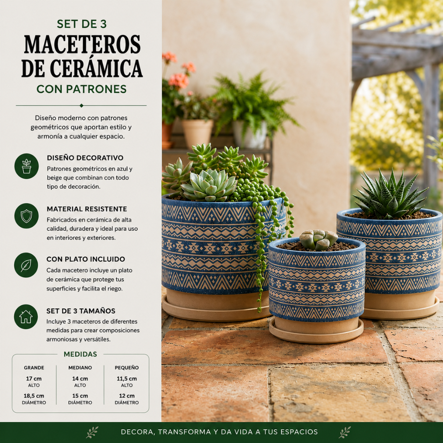 Set 3 Maceteros Maceta De Ceramica Azul Con Patrones Beige-7