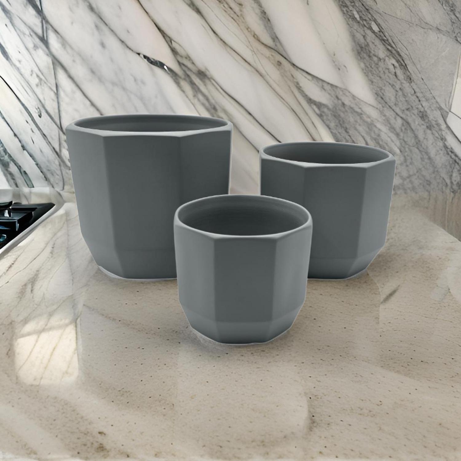 Set 3 Maceteros Maceta De Ceramica Gris Lineas Verticales-2