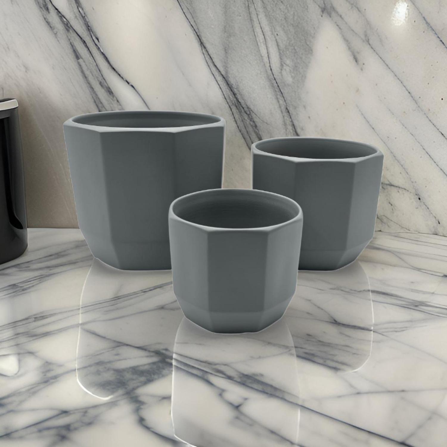 Set 3 Maceteros Maceta De Ceramica Gris Lineas Verticales-3