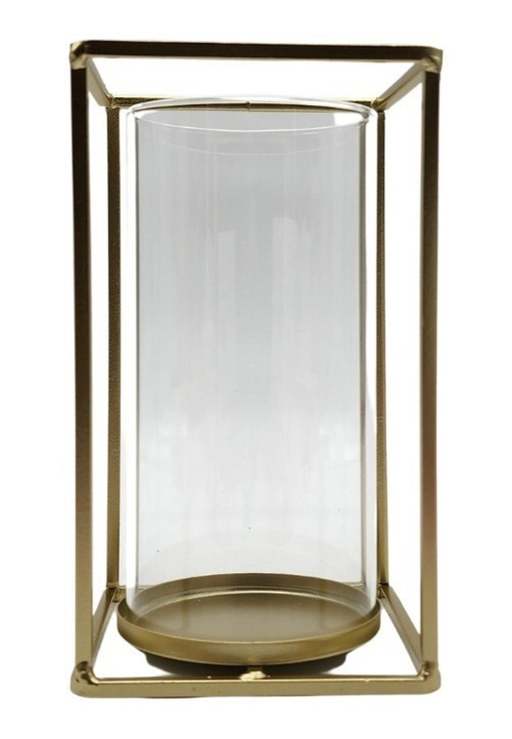 Candelabro Porta Vela Cubo Metálico Dorado Con Vidrio-2