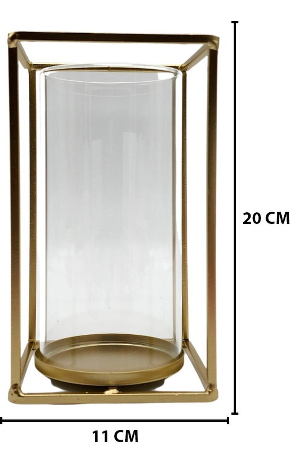 Candelabro Porta Vela Cubo Metálico Dorado Con Vidrio-5