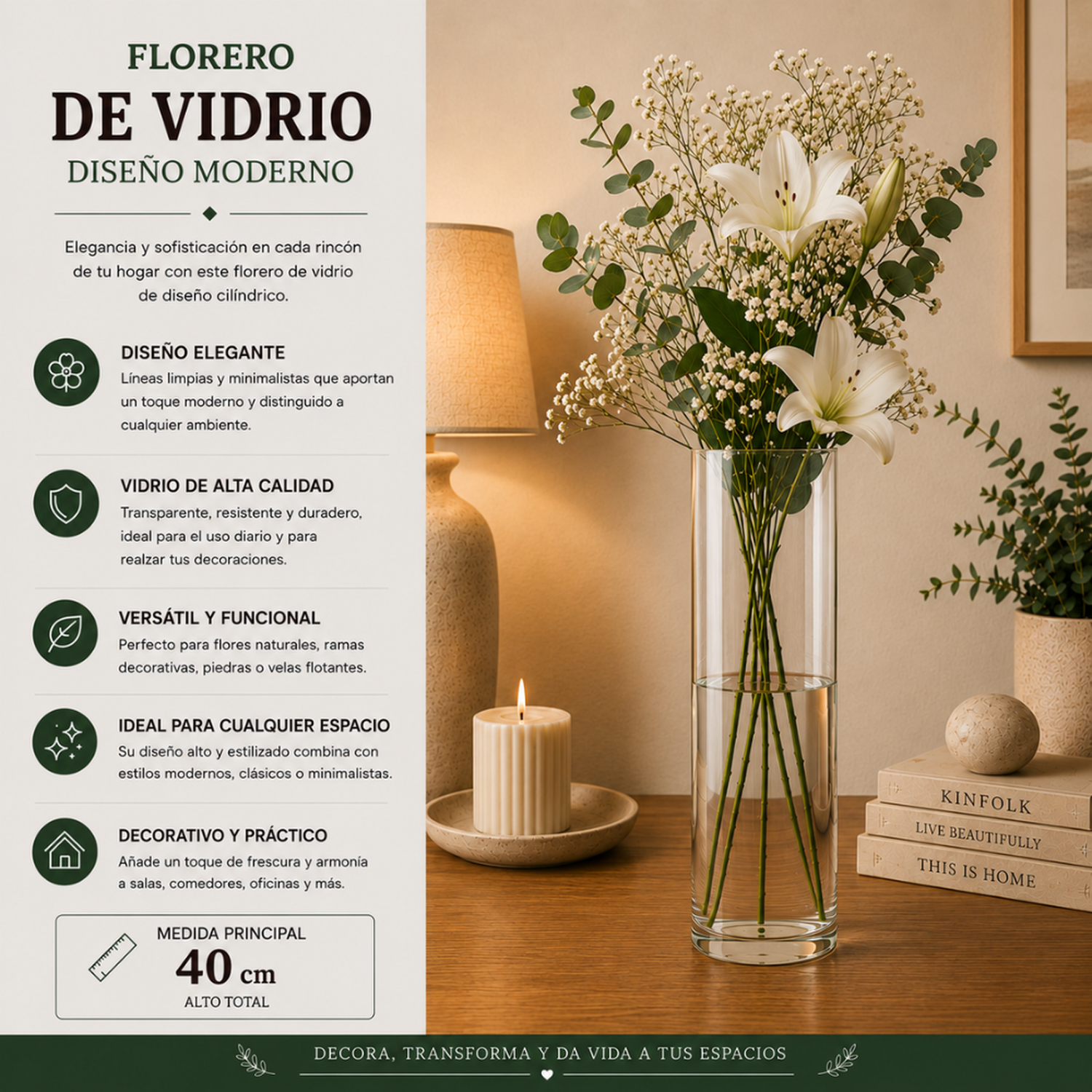Florero De Vidrio Alto Cilindrico Transparente Hogar L 40 CM-5