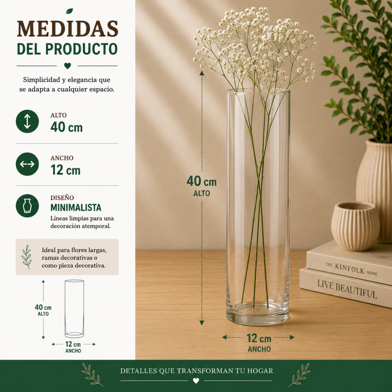 Florero De Vidrio Alto Cilindrico Transparente Hogar L 40 CM-6