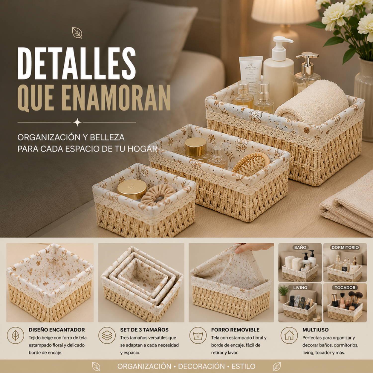 Set 3 Cestas De Almacenamiento Organizadoras Cestos Canastas-4