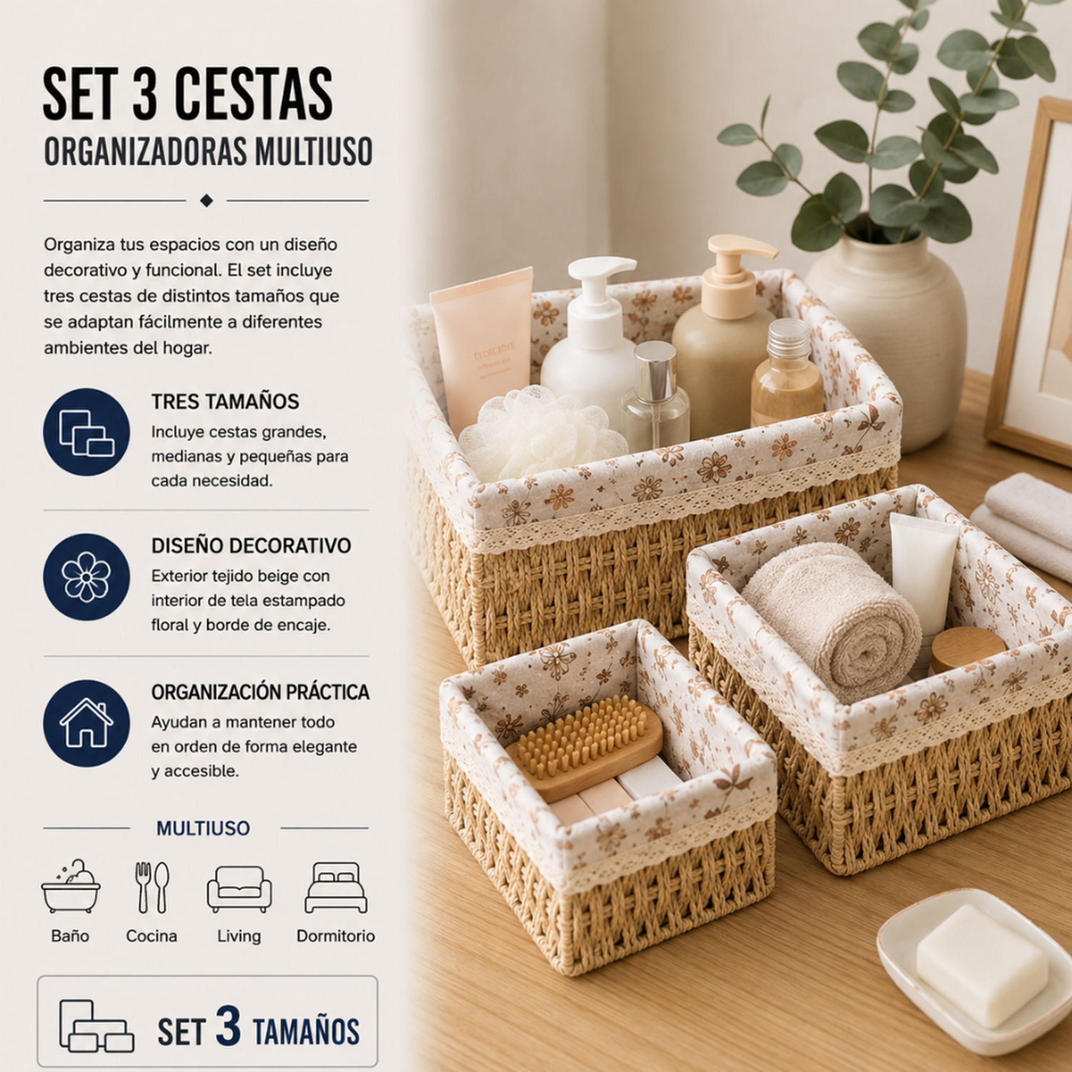 Set 3 Cestas De Almacenamiento Organizadoras Cestos Canastas-5