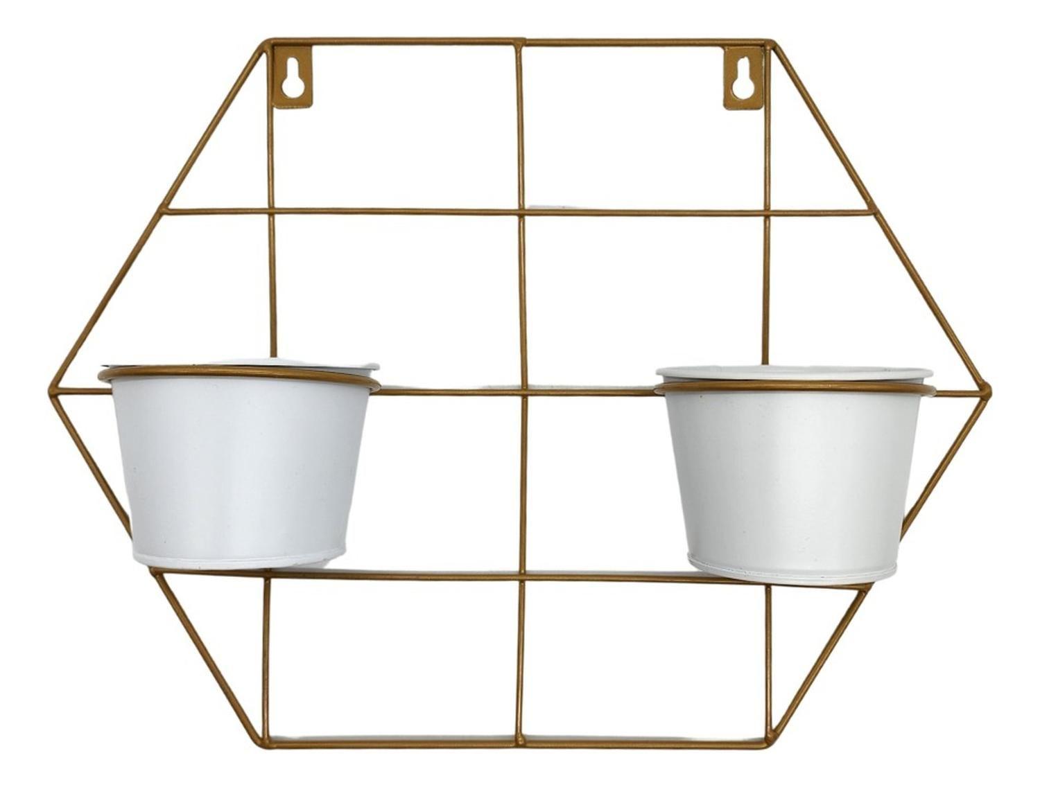 Macetero Doble De Fierro De Pared Hexagonal Colgante Dorado-0