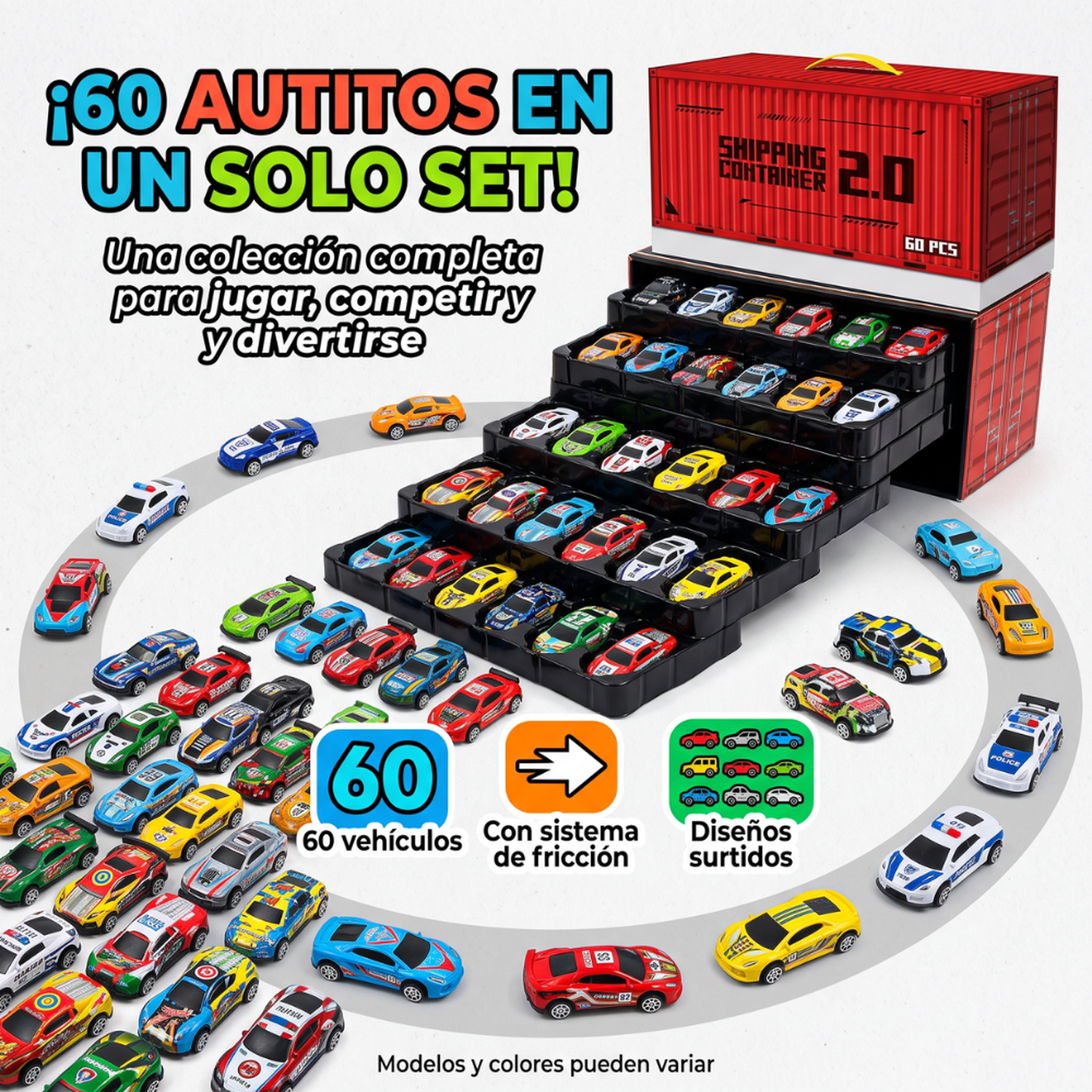 Set 60 Autitos Con Contenedor Maletín Y Pista De Juego Infantil-3