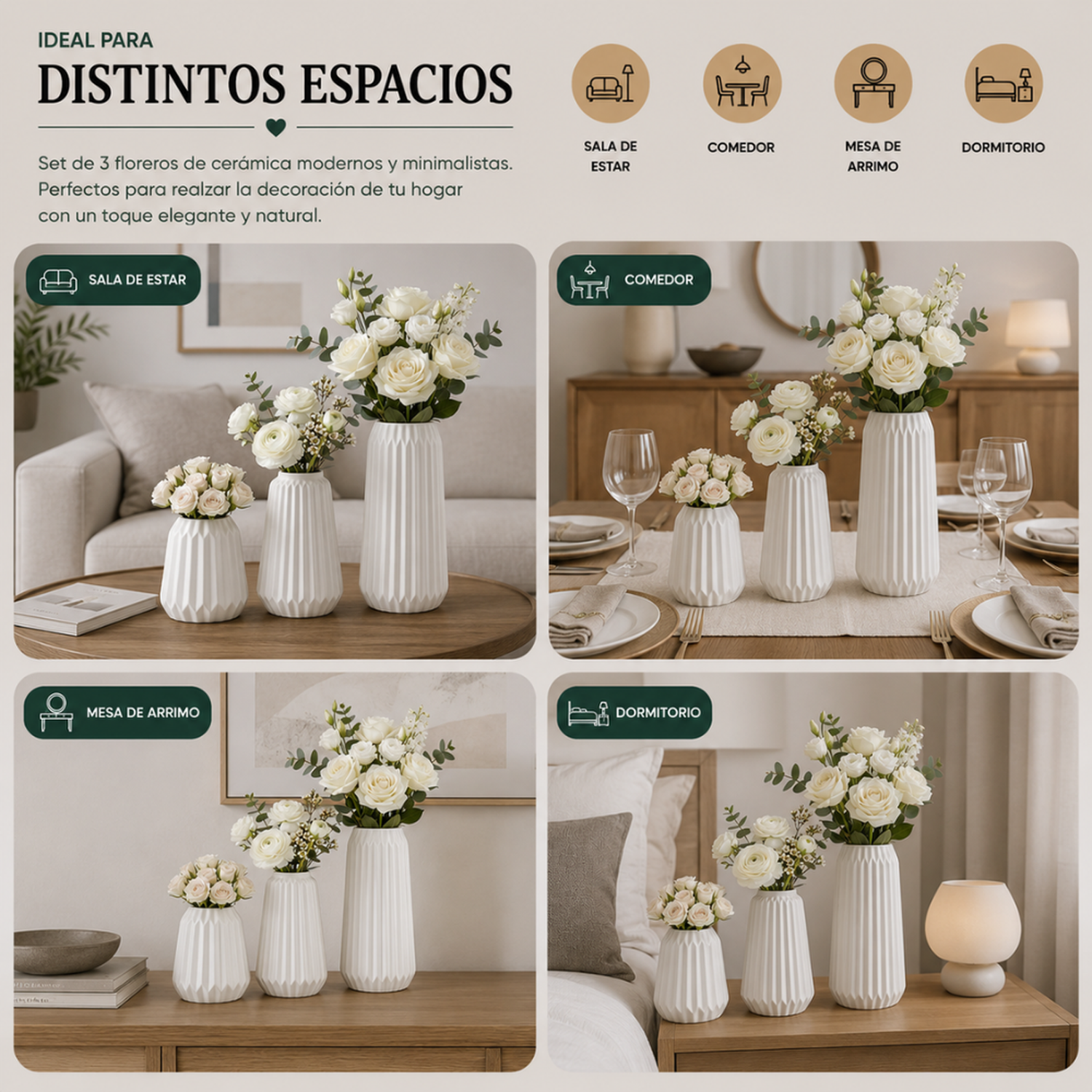 Set 3 Floreros de Cerámica Modernos Minimalistas Hogar-5