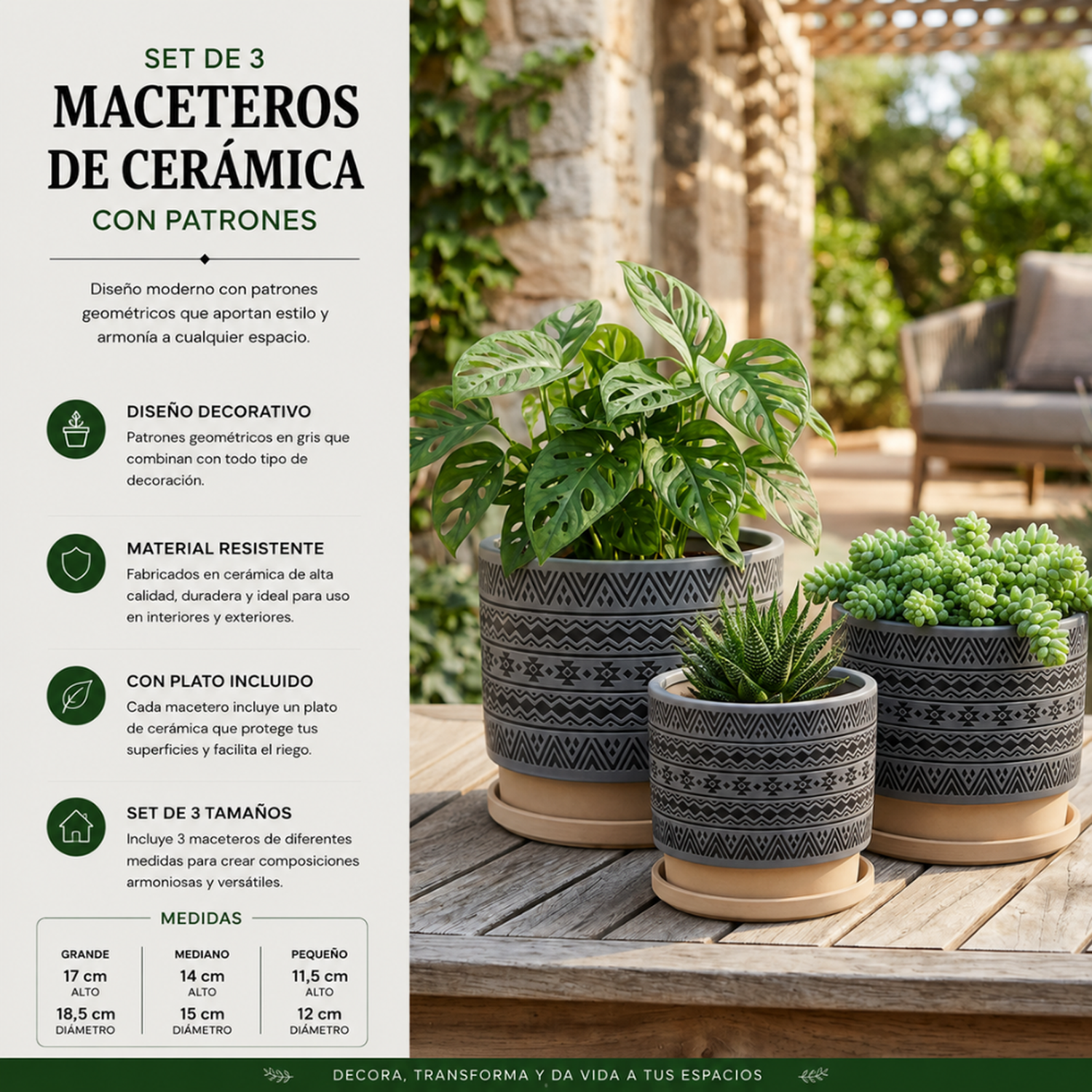 Set 3 Maceteros Maceta De Ceramica Gris Con Patrones Negros-3