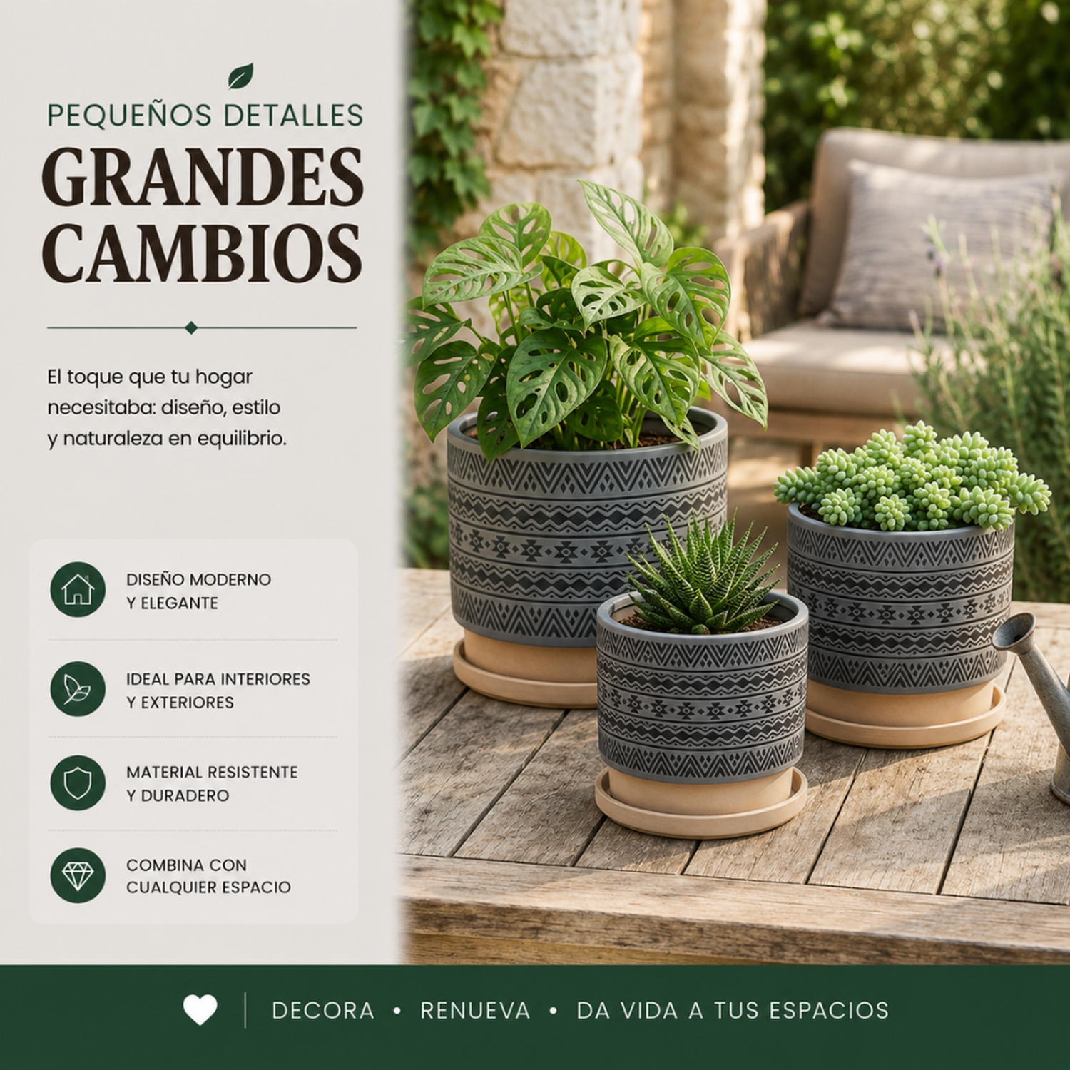 Set 3 Maceteros Maceta De Ceramica Gris Con Patrones Negros-4