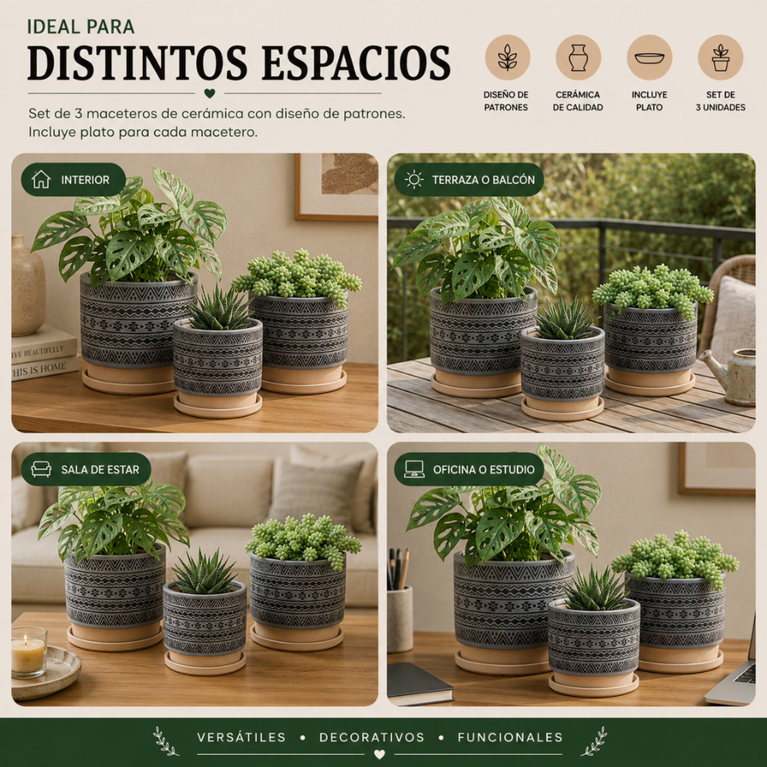 Set 3 Maceteros Maceta De Ceramica Gris Con Patrones Negros-5