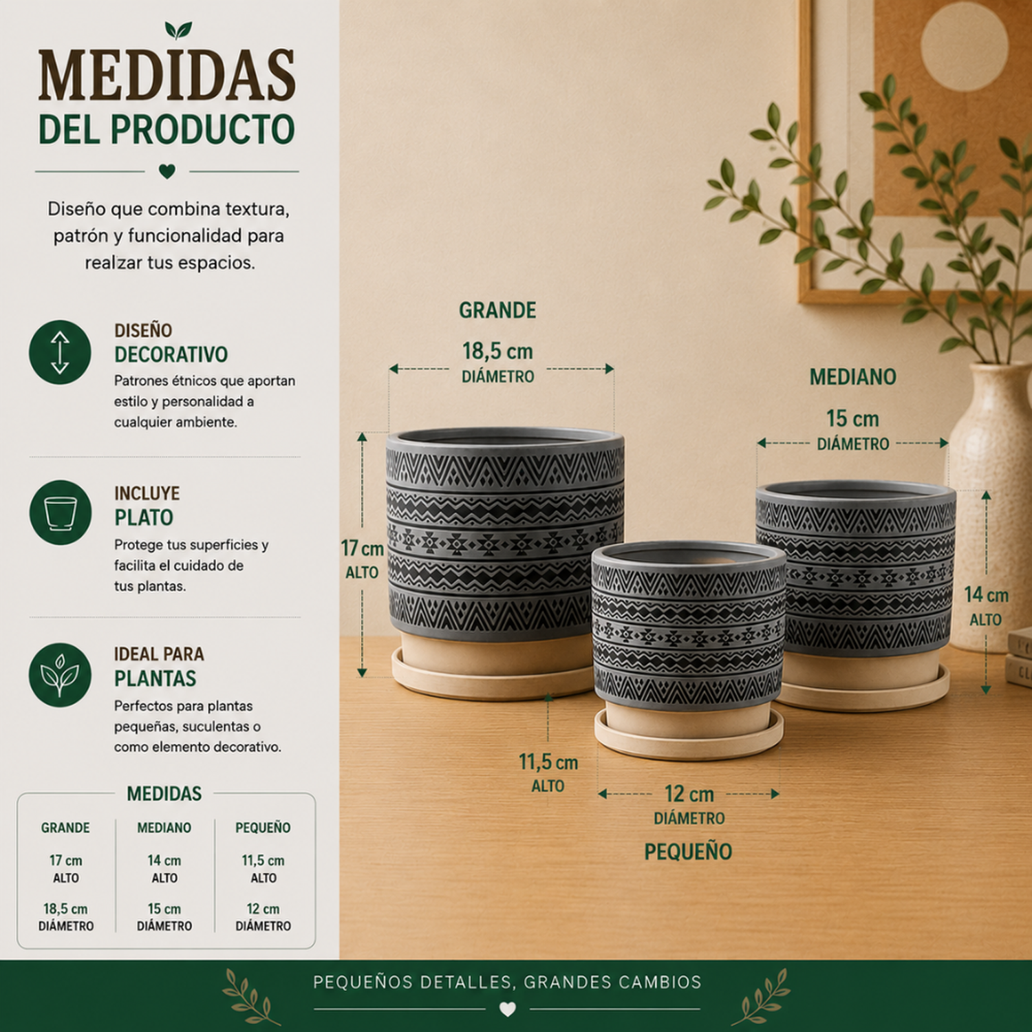 Set 3 Maceteros Maceta De Ceramica Gris Con Patrones Negros-6