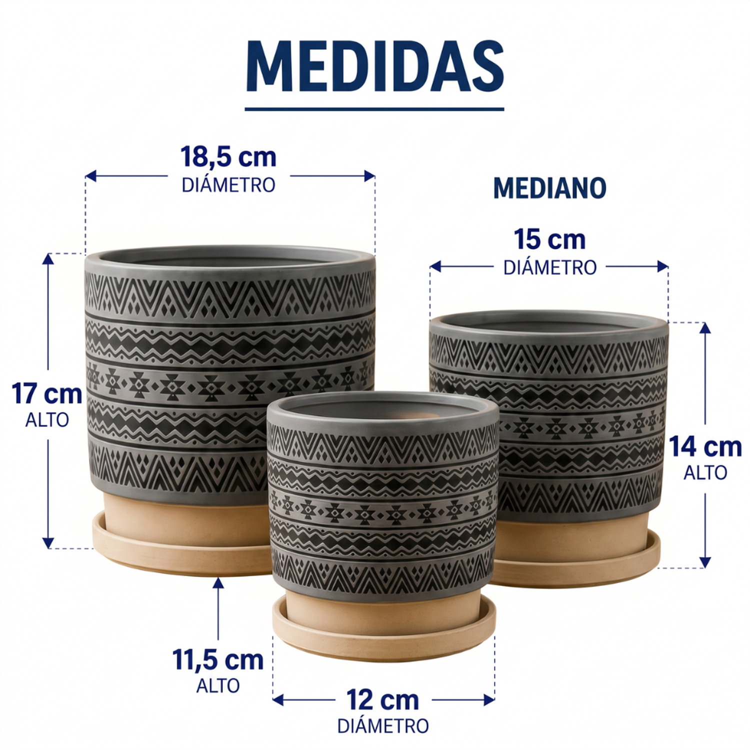 Set 3 Maceteros Maceta De Ceramica Gris Con Patrones Negros-8
