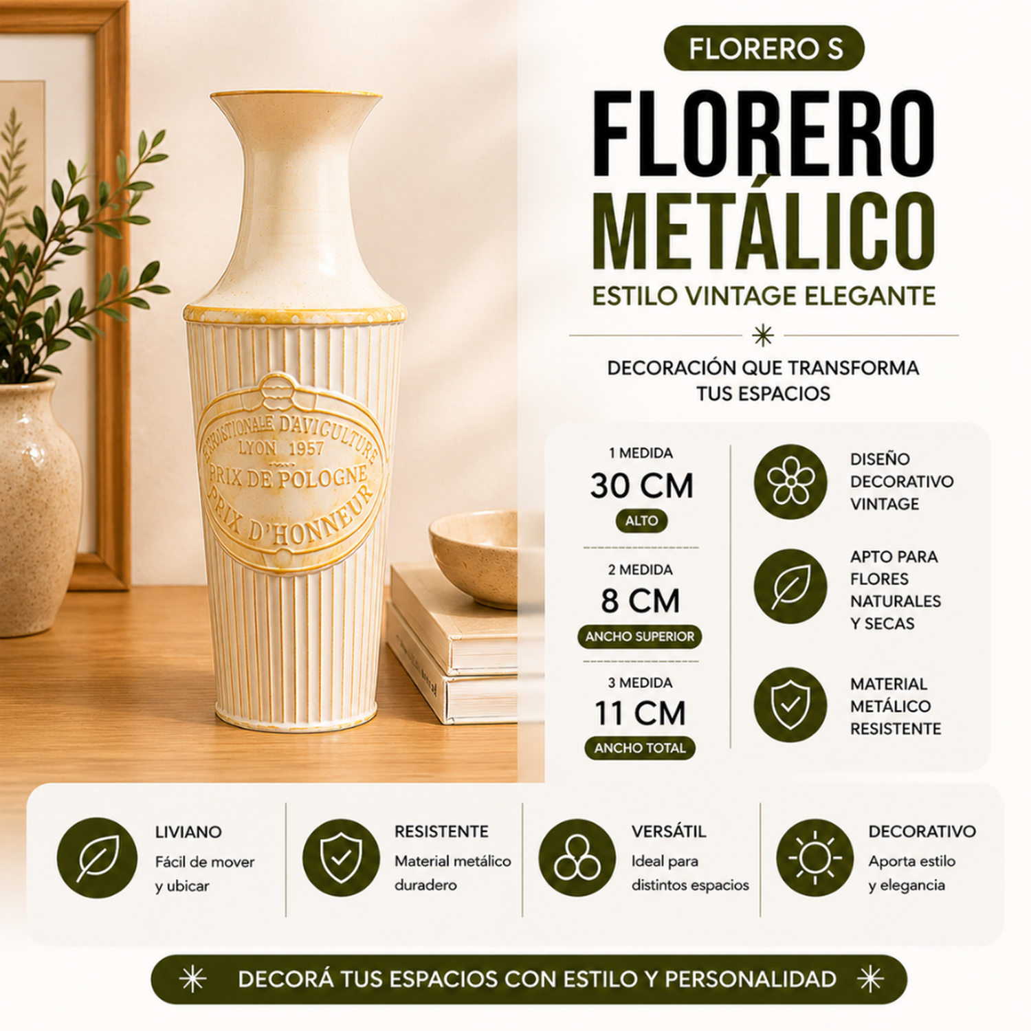 Florero Metalico Decorativo Estilo Vintage Clasico Alto S-3