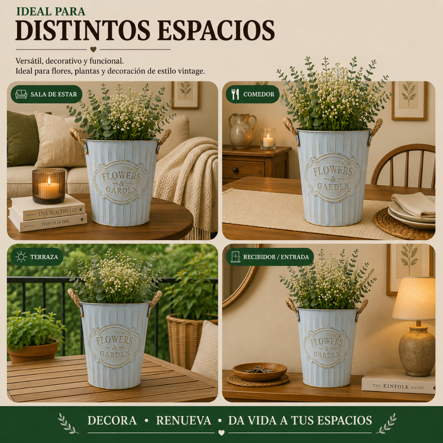 Macetero Metalico Celeste Decorativo Con Asas Jardín L-4