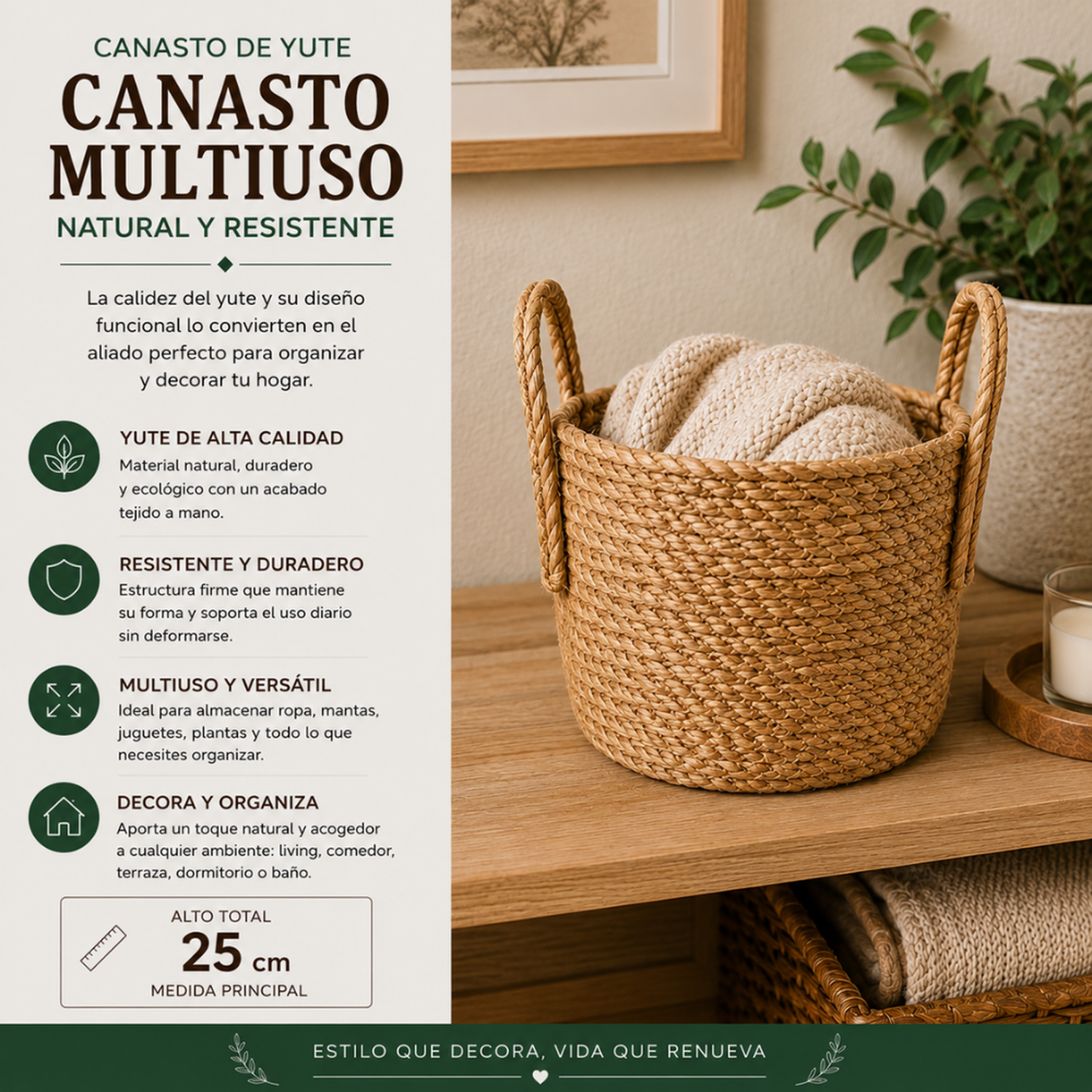 Canasto Cesta de Yute Tejido Estilo Rustico Con Asas M-5
