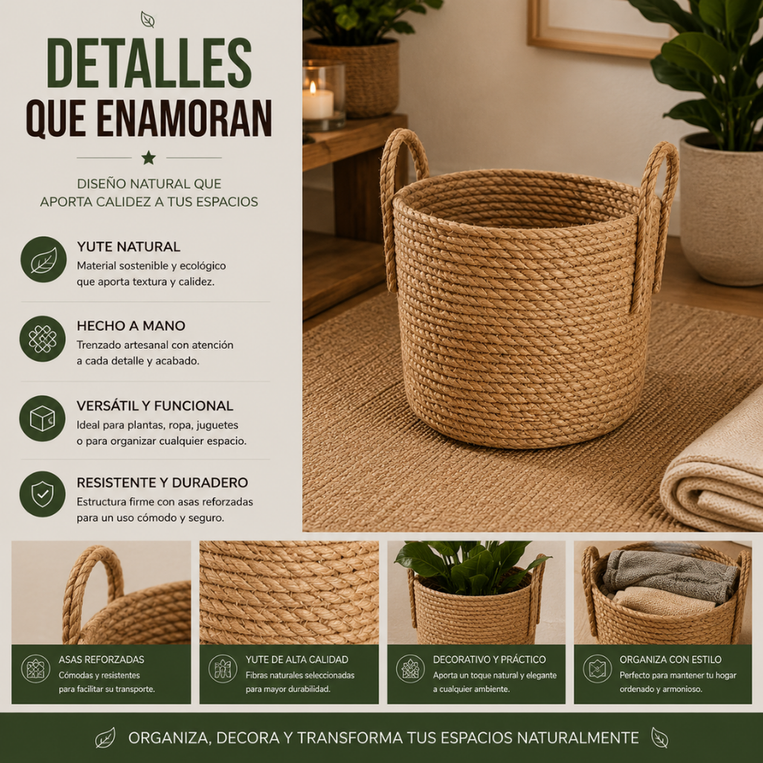 Canasto Cesta de Yute Tejido Estilo Rustico Con Asas M-8