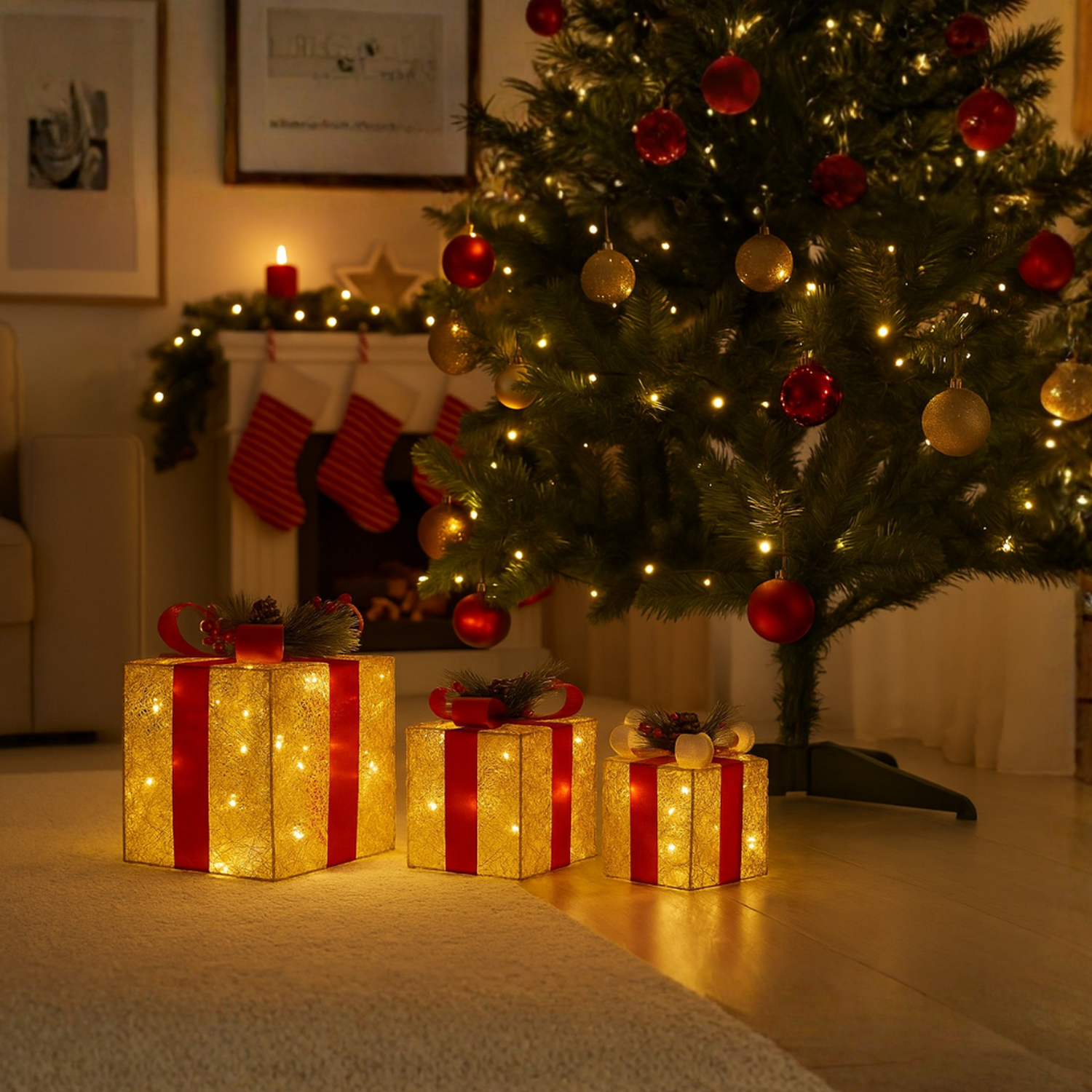 Set 3 Cajas de Regalo Navidad Decorativas Adorno Con Luces-4