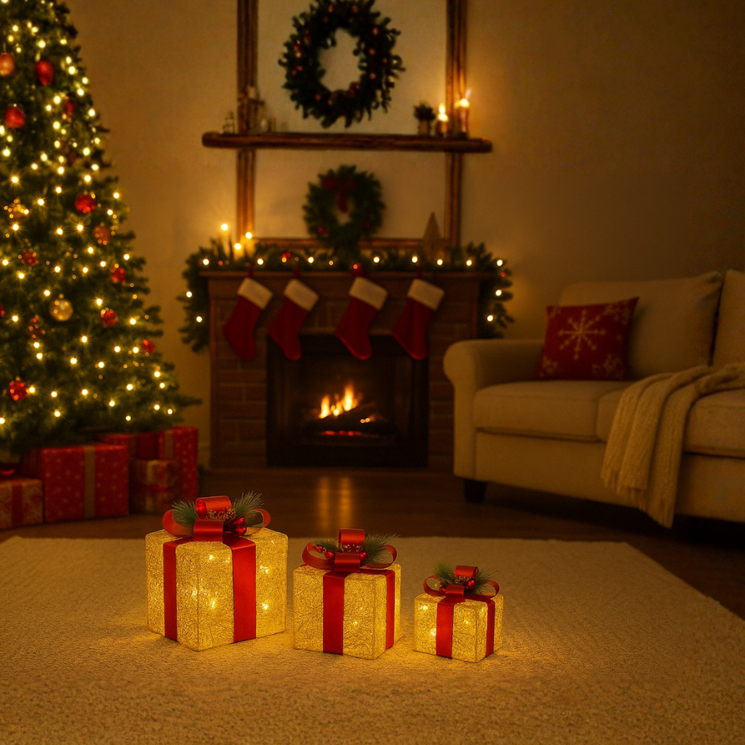 Set 3 Cajas de Regalo Navidad Decorativas Adorno Con Luces-5