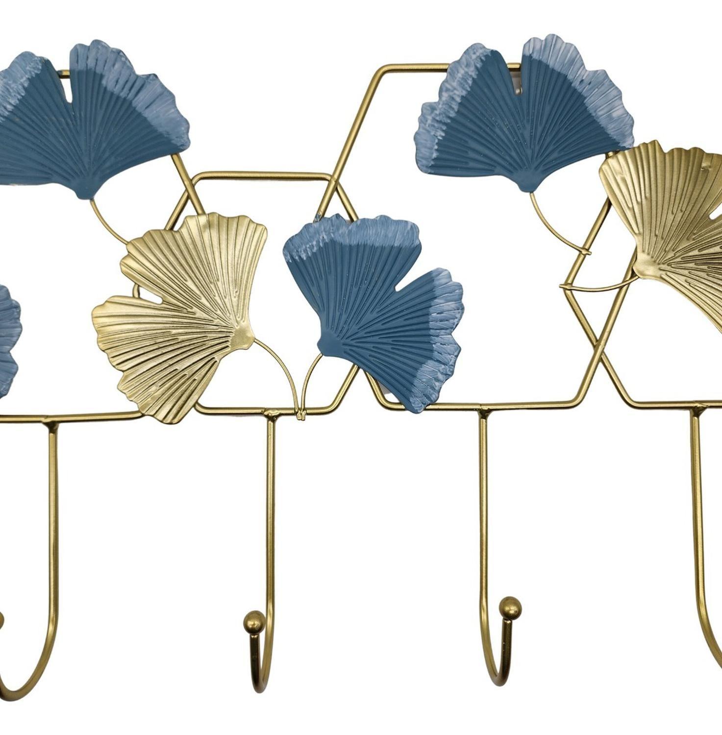 Perchero De Pared Con 5 Perchas Metalico Dorado Diseño Hojas-1