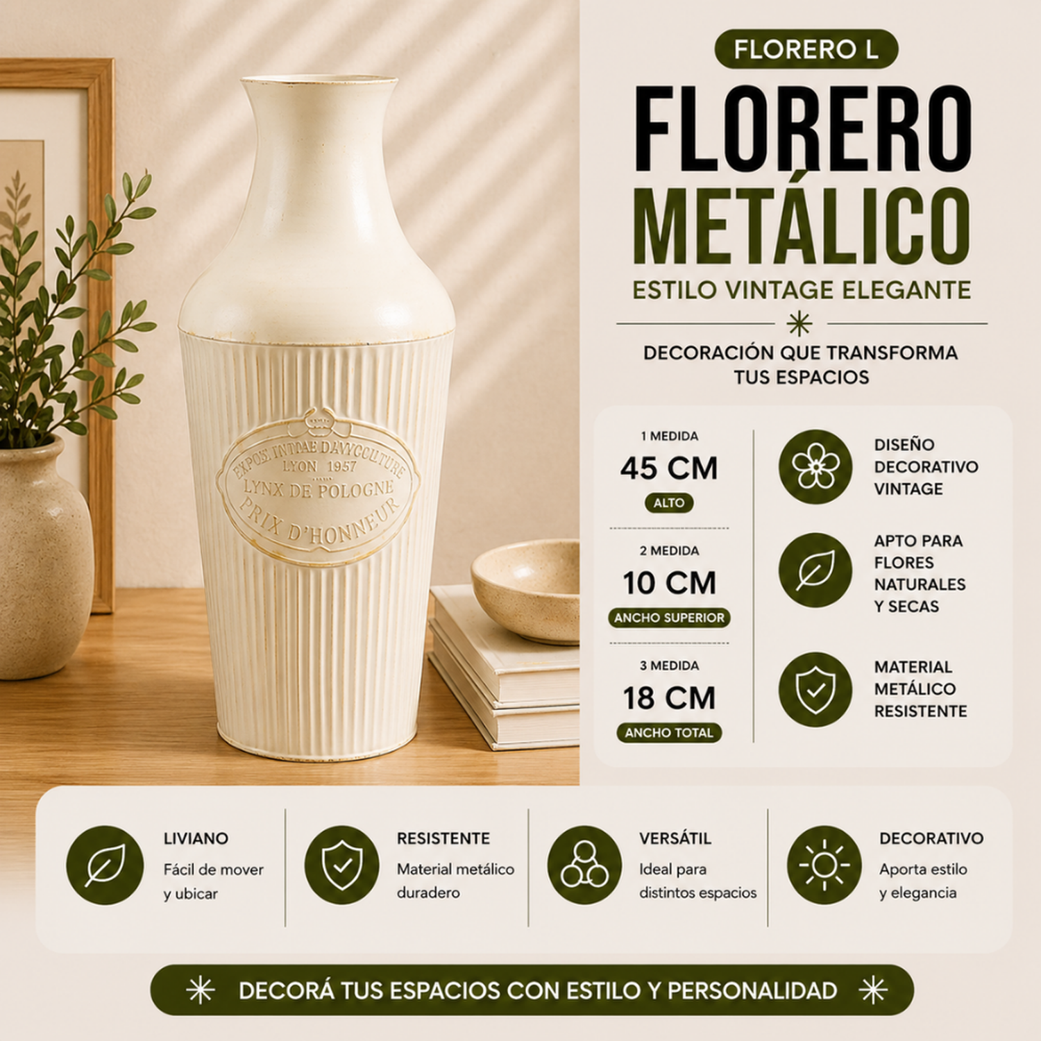 Florero Metalico Decorativo Estilo Vintage Clasico Alto L-3