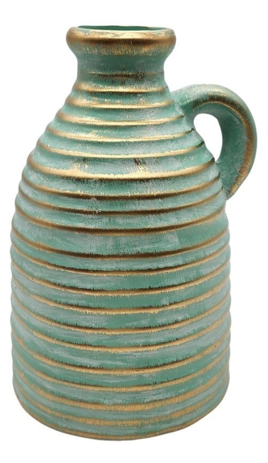 Florero Jarrón De Cerámica Diseño Verde Antigüedad Con Asa-1