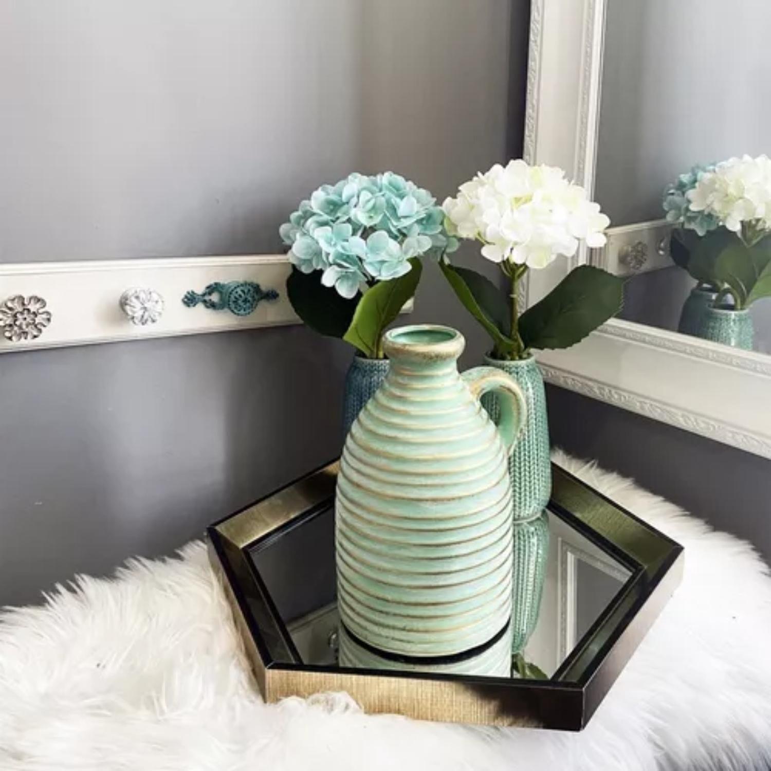 Florero Jarrón De Cerámica Diseño Verde Antigüedad Con Asa-6