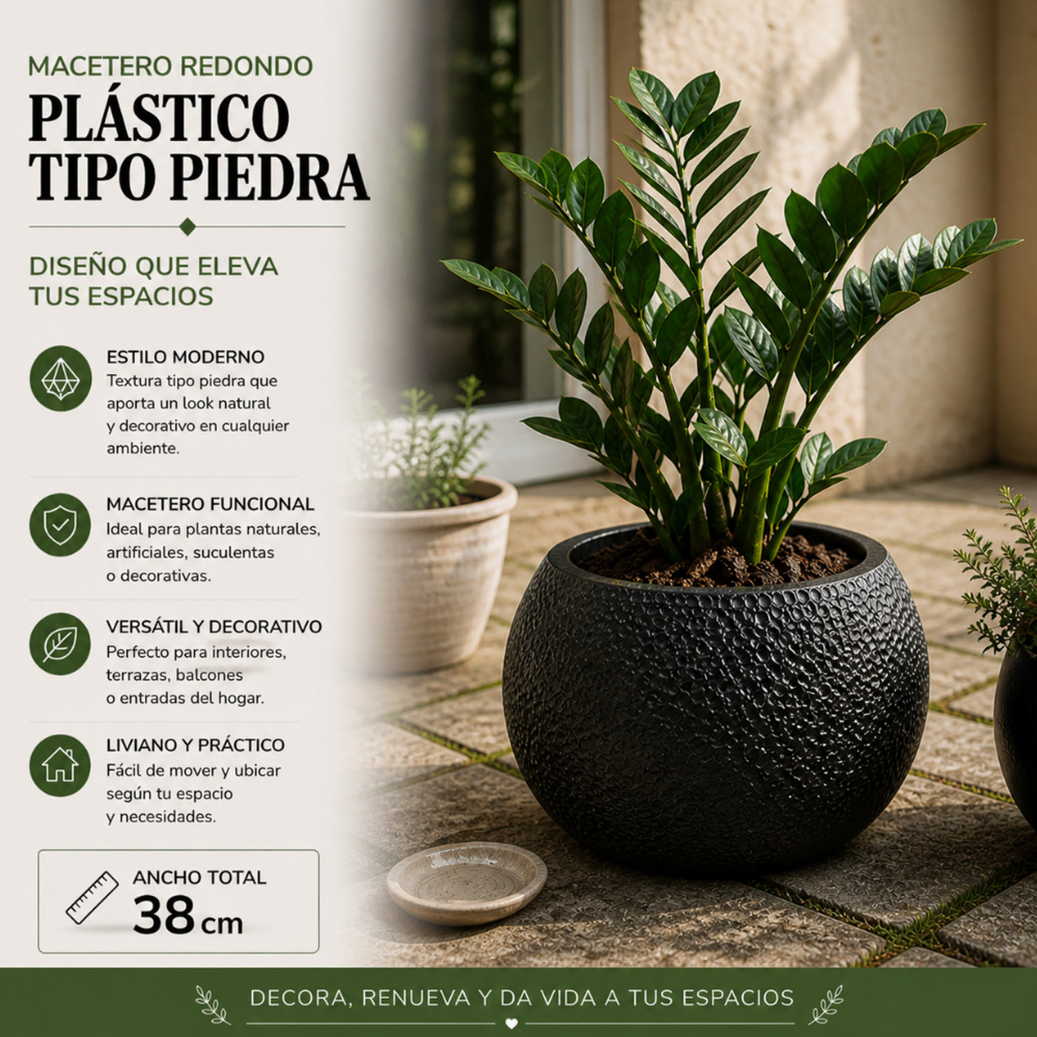 Macetero Plastico Redondo Tipo Piedra Decorativo Jardin L-4