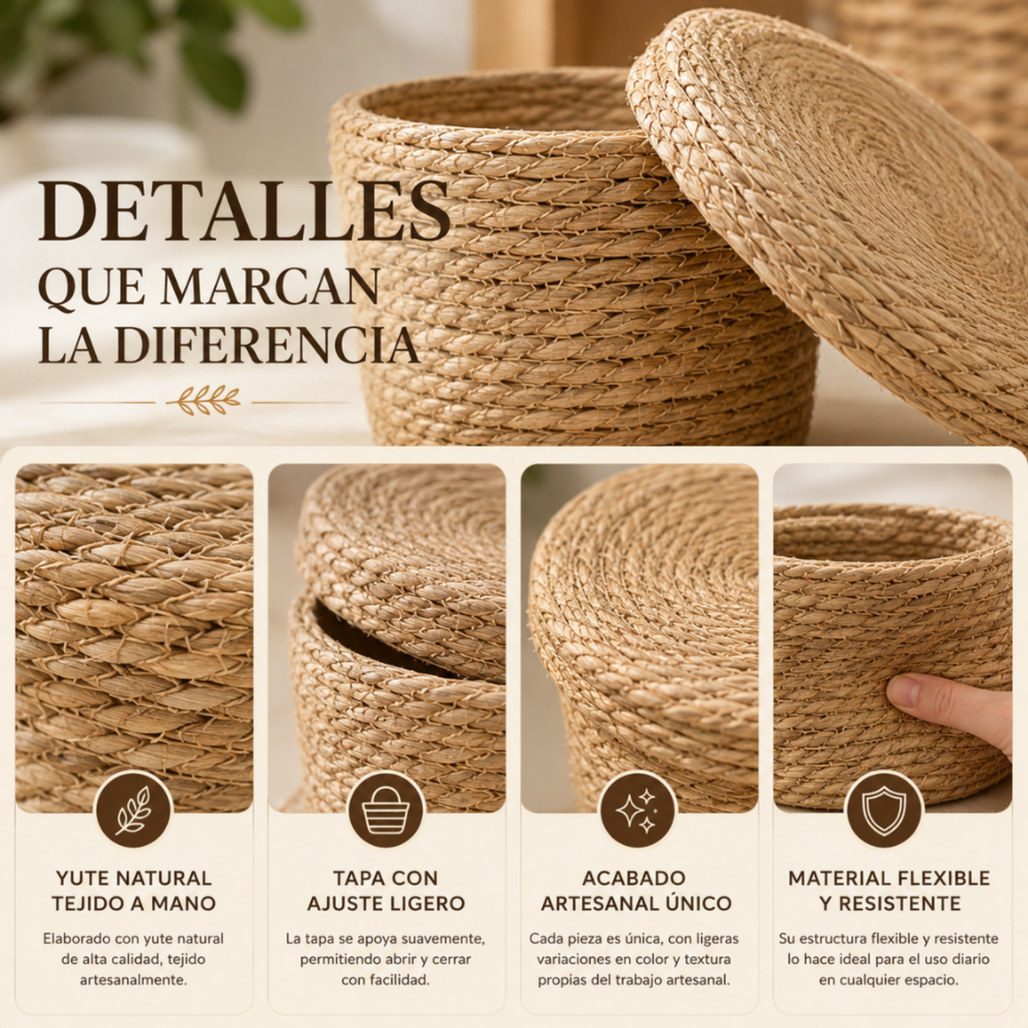 Canasto Cesta De Yute Tejida Con Tapa Acabado Rustico S-3