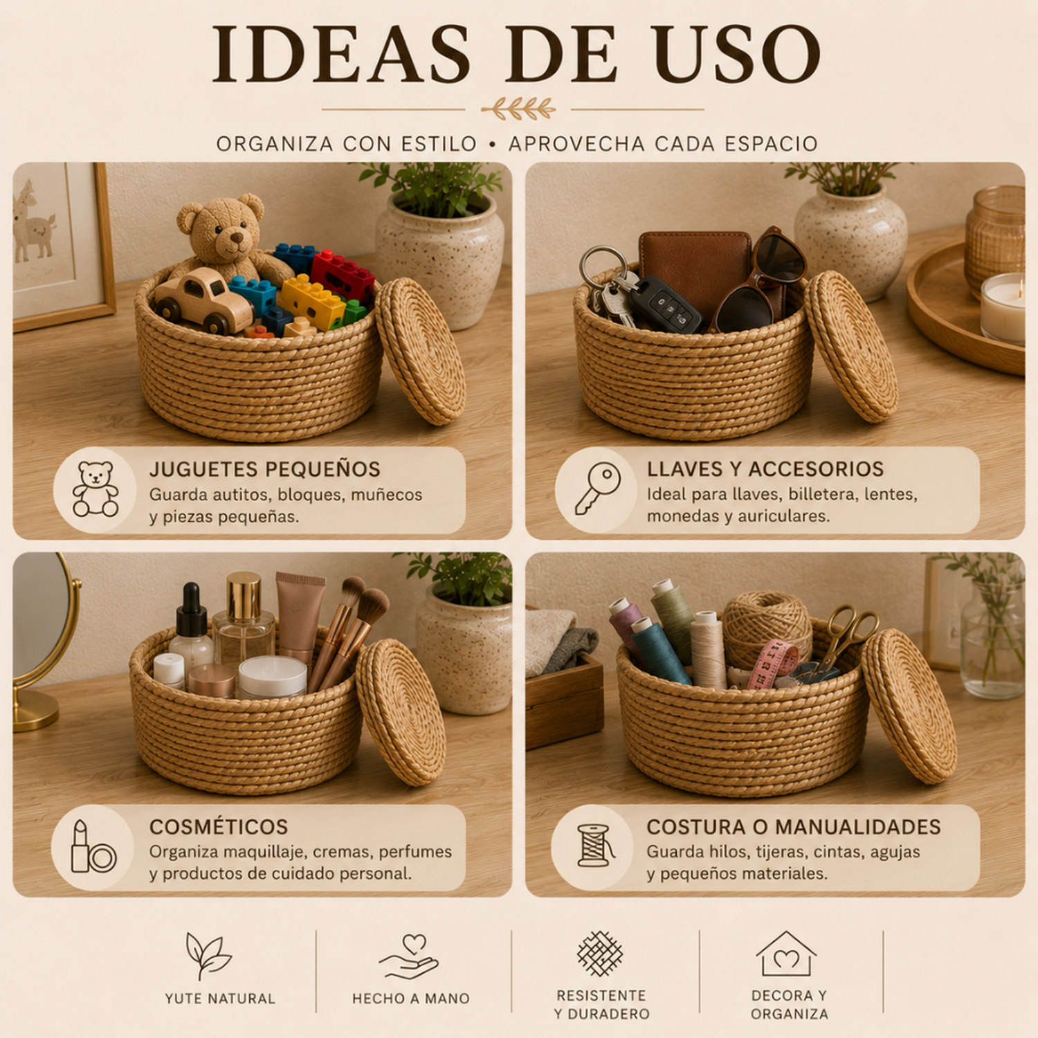Canasto Cesta De Yute Tejida Con Tapa Acabado Rustico S-4