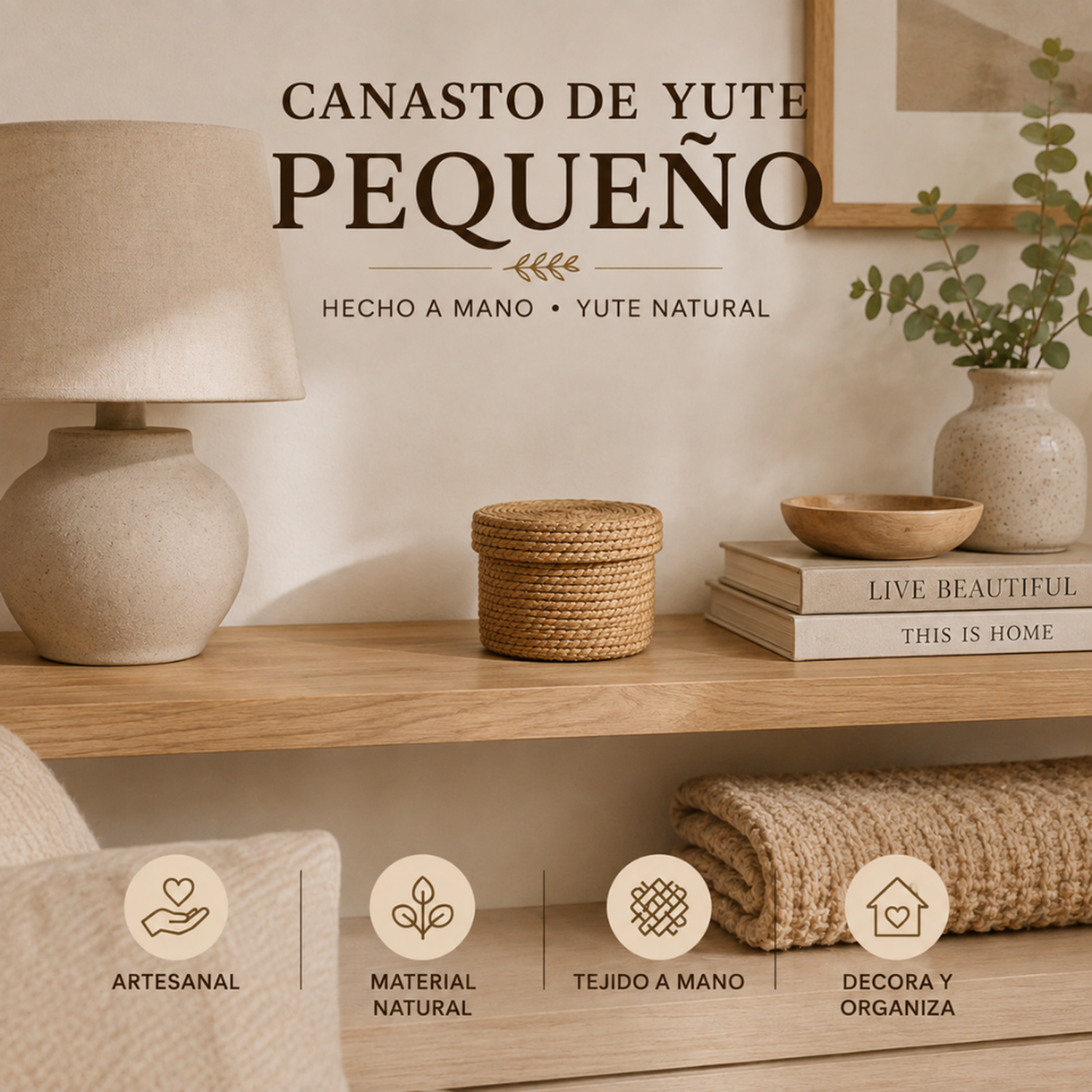 Canasto Cesta De Yute Tejida Con Tapa Acabado Rustico S-5
